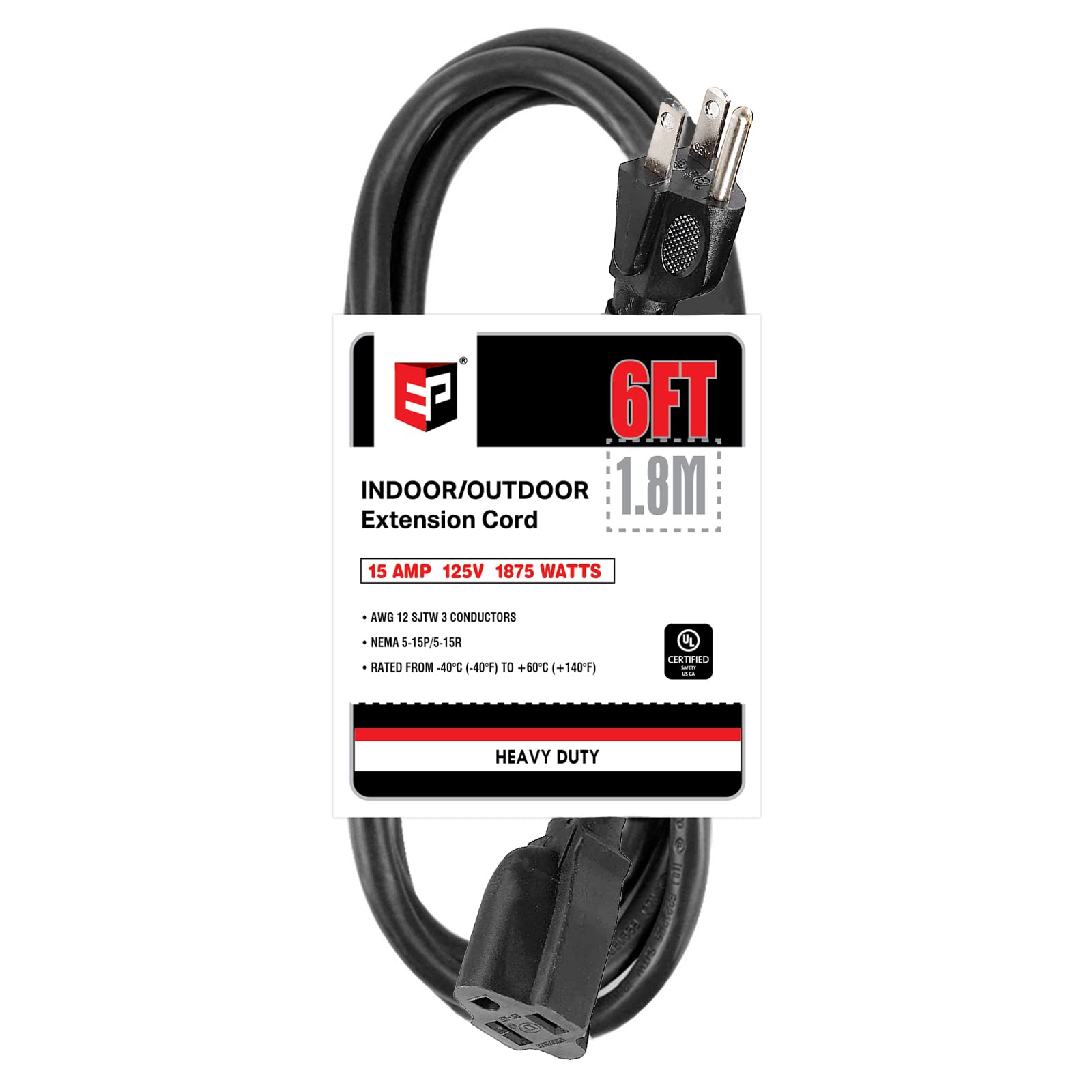 Ep 6 Ft Outdoor Extension Cord   12/3 Sjtw Heavy Duty Black Extension Cable With 3 Prong Grounded Plug   Power Cord For Lawn, Ga