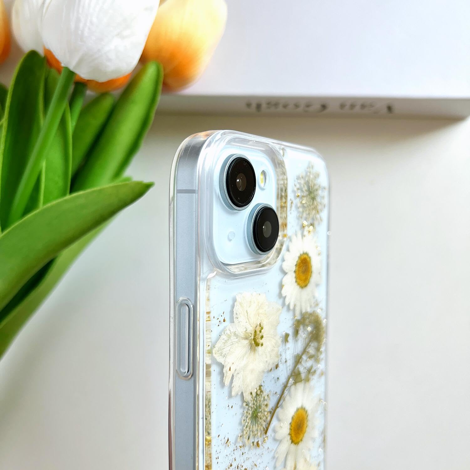 Lseeka For Iphone 14 Plus/Iphone 15 Plus Clear Case With Pressed Real Flowers Design,Glitter Cute White Floral Pattern Slim Soft