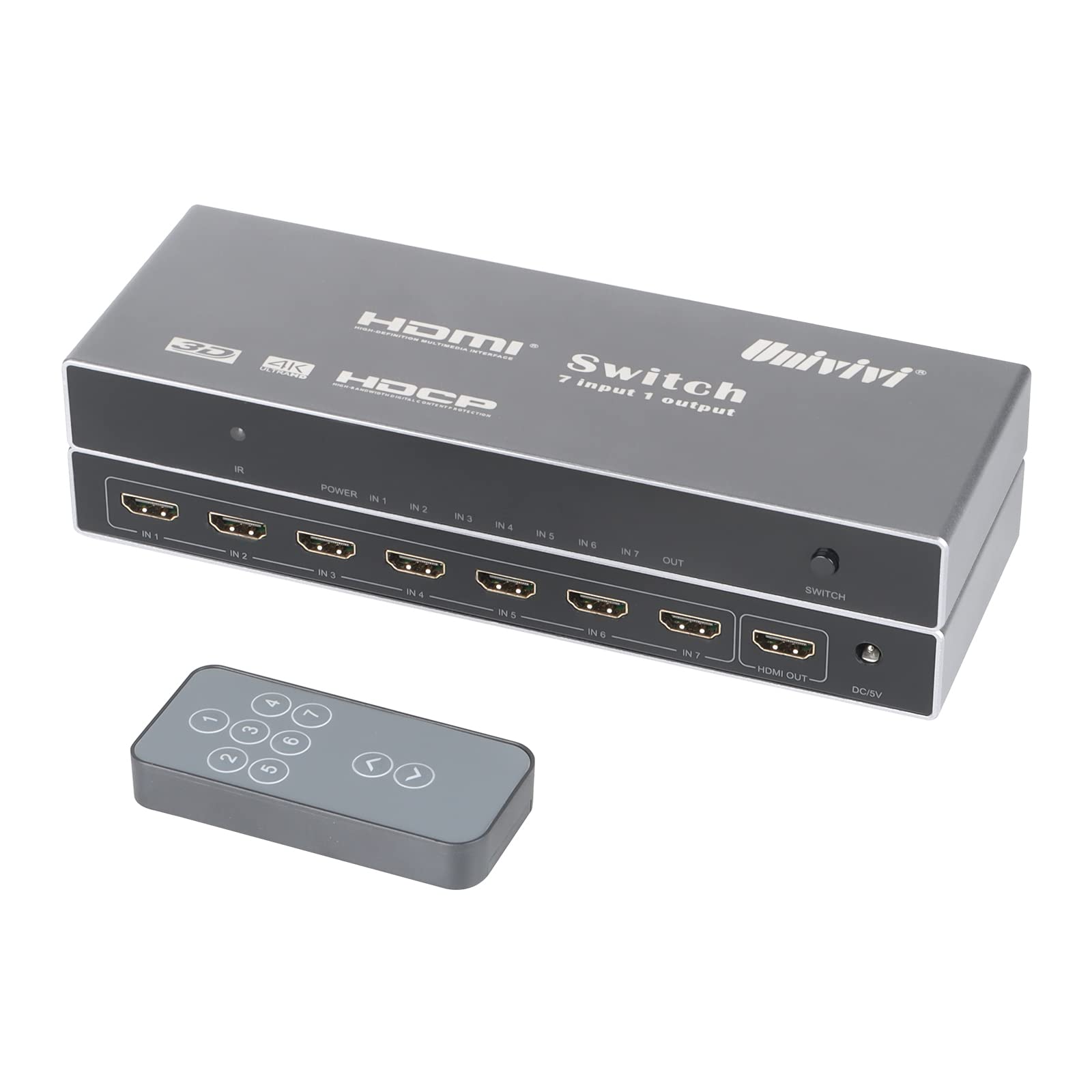 Univivi Hdmi Switch With Remote 7 In 1 Out Hdmi Switcher 4K@60Hz Hdmi Selector Hdmi Hub Supports Ps4, Computer, Apple Tv, Blu Ra