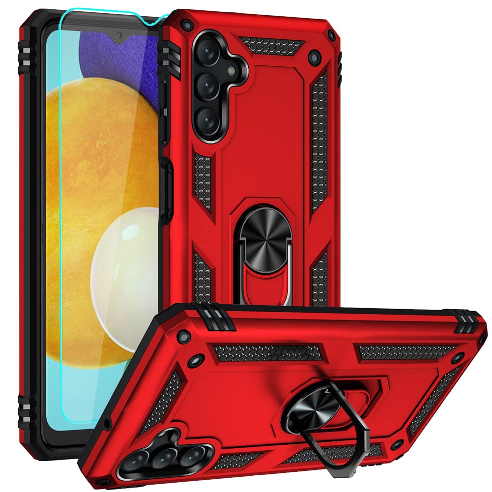 Galaxy A13 5G & A04S Case With Hd Screen Protector, Androgate Military Grade, Shockproof Cover, Ring Holder & Kickstand, Red