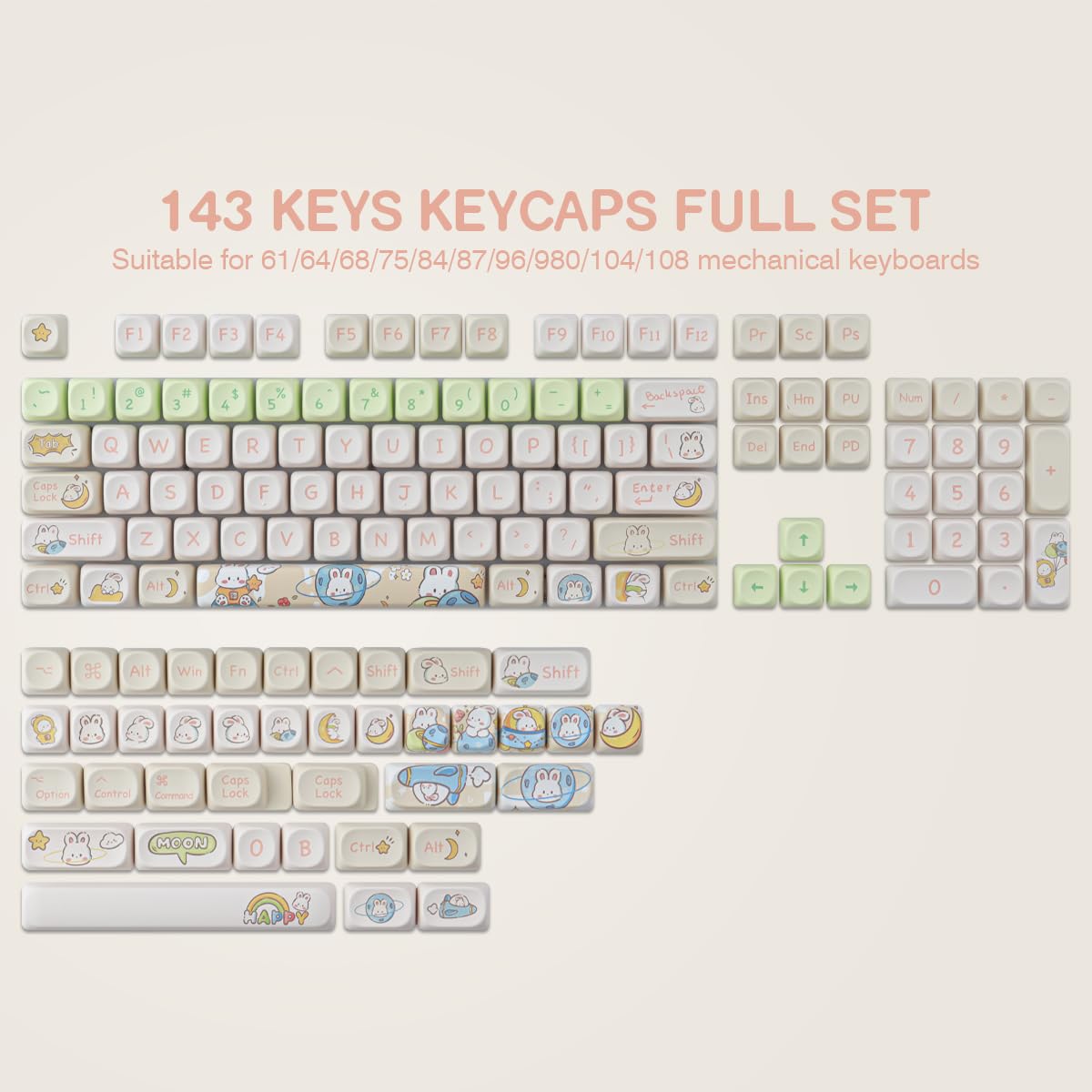 Tyrixki Keycaps 143 Keys Pbt Custom Keycaps Rabbit Cute Keycaps Set Moa Profile Keycaps For Cherry Gateron Mx Swithes Mechanical
