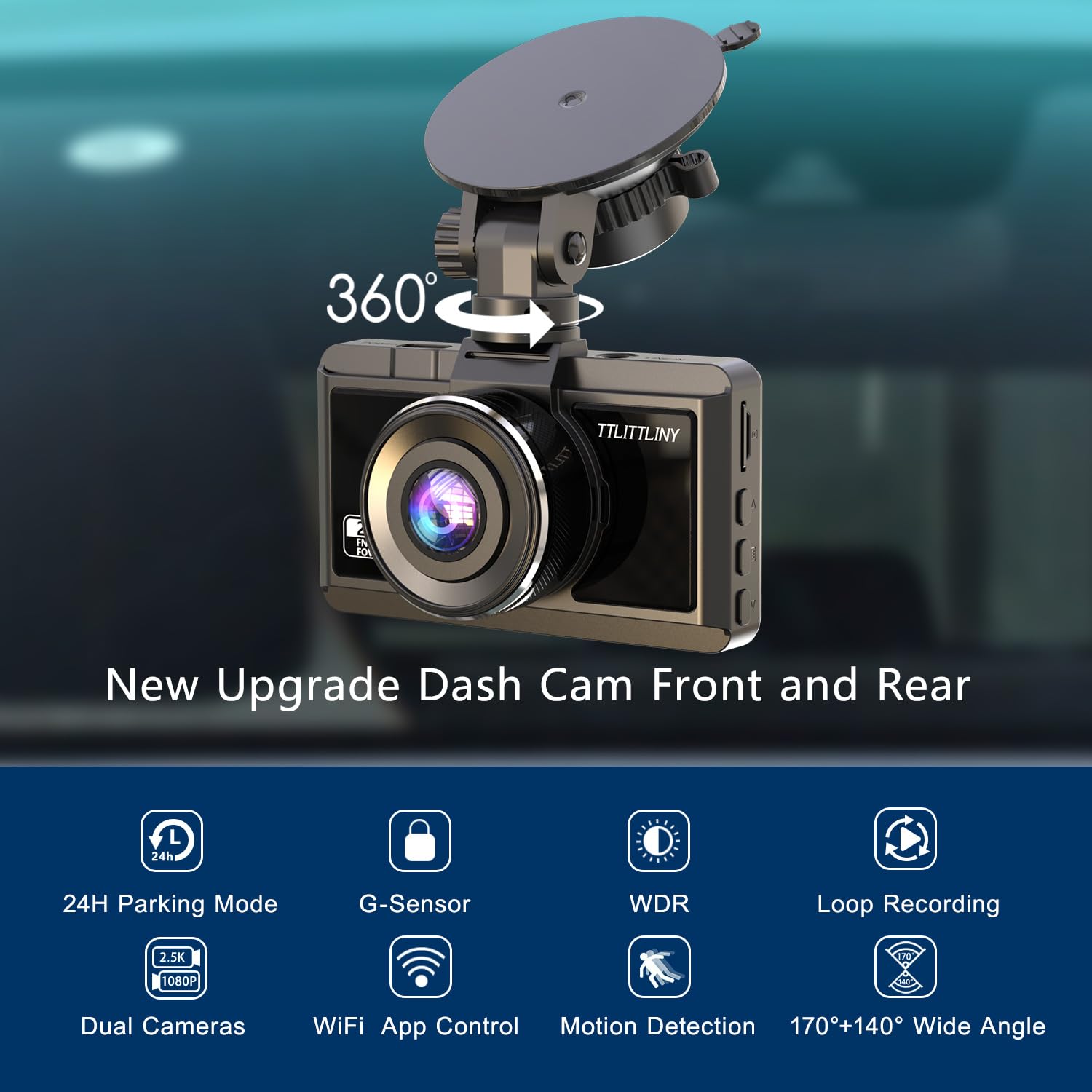 Dash Cam Front And Rear 2.5K+1080P Fhd Wifi Dual Dash Camera For Cars, 170 Angle Dashboard Camera With 64G Sd Card, App Control,