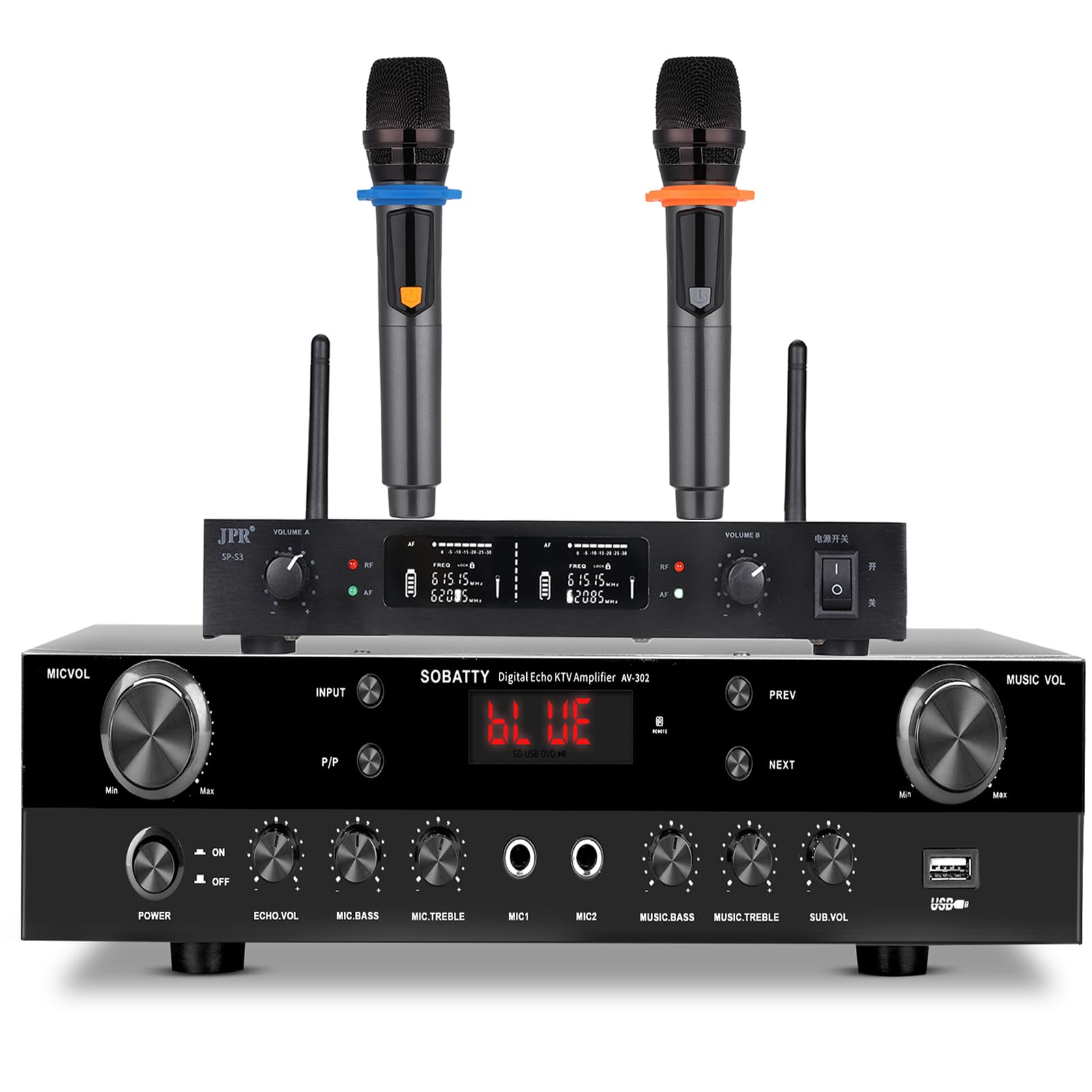 SOBATTY Stereo Receivers Home Audio Amplifier 2.1 Channels Subwoofer Output with Bluetooth 5.0, USB,2 Mic-in, Echo, RCA, Coaxial