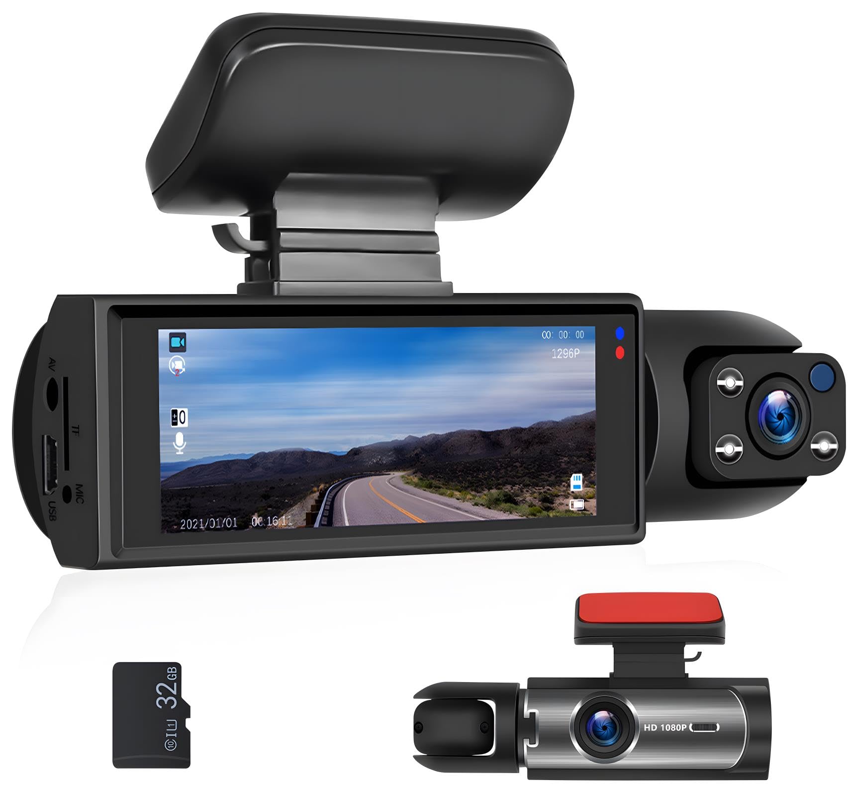 Camecho Dual Dash Cam 1080P Front And Inside Dash Camera For Cars 2 Channel Dashcam, 3.16' Ips Screen, Ir Night Vision, Loop Recording, 24Hr Parking Mode, Car Camera With 32Gb Tf Card Driving Recorder