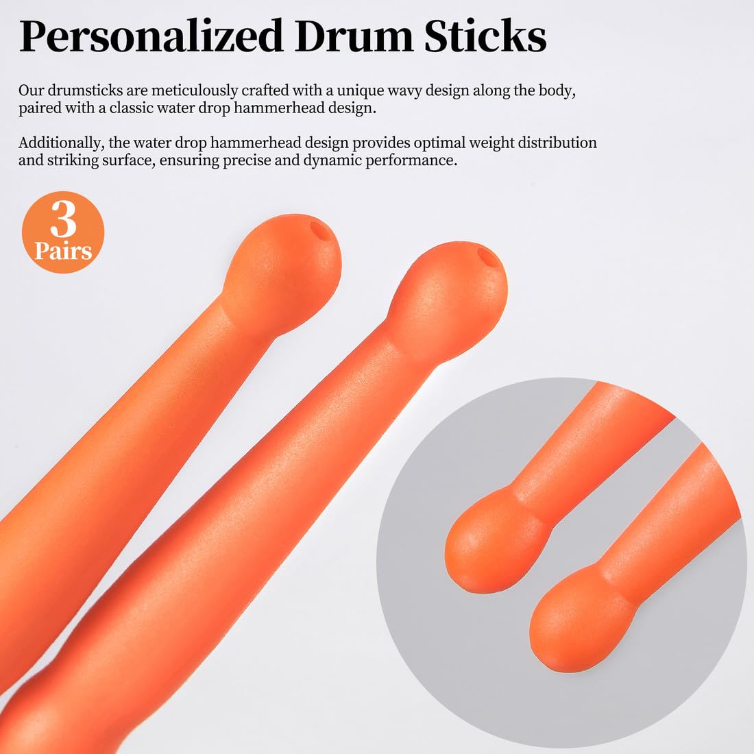 5A Carbon Fiber Drum Sticks Durable Drumsticks (3 Pair Orange)