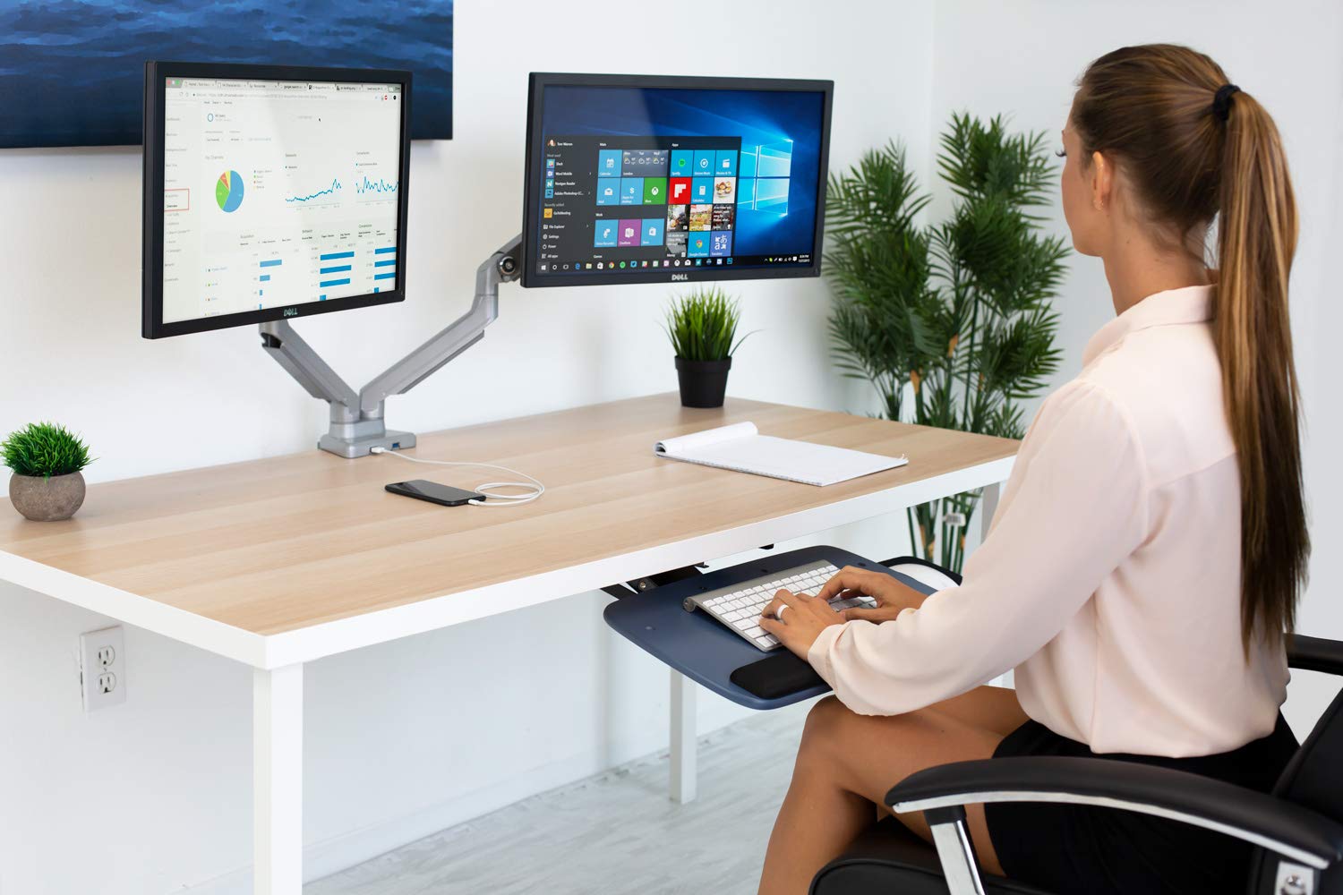 Mount It! Dual Monitor Arm Mount Desk Stand | 2 x 3.0 USB Ports | Articulating Mechanical Spring Height Adjustable | Fits Two 24 27 29 30 32 Inch VESA 75 100 Compatible Screens | C Clamp and Grommet