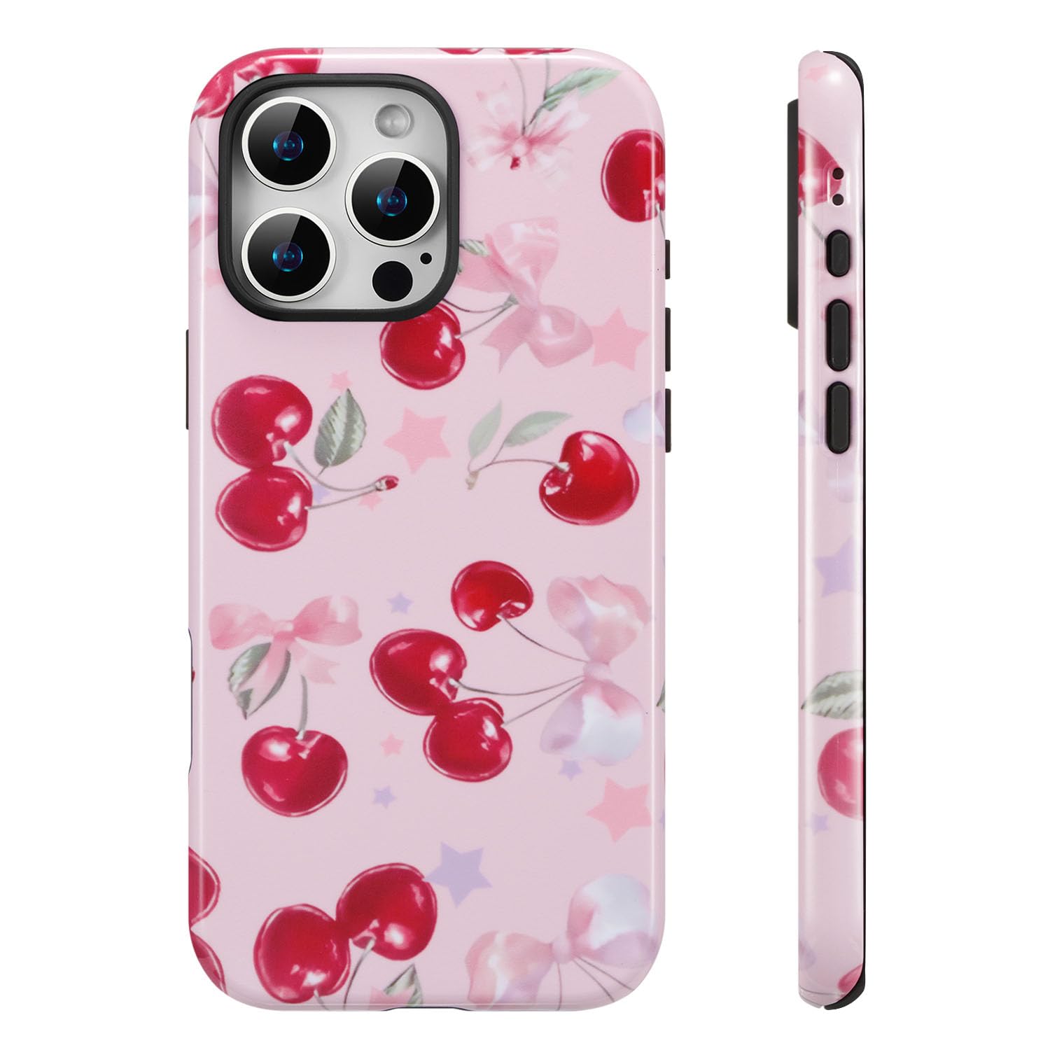 QLTYPRI Case for iPhone 15 Pro, Aesthetic Cute Pink Cherry Bow Phone Case for Girls Women, Protective Hybrid 2-Layer Hard Shell 