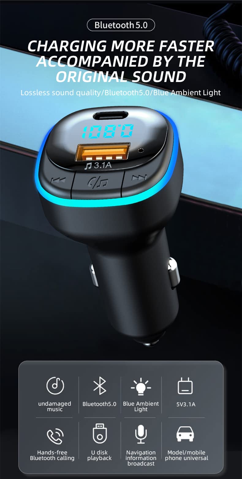 Ohitec Bluetooth 5.0 Fm Transmitter For Car, Hands Free Calling, Built In Over Current Protection, 5V/3.1A Quick Charger & Blue