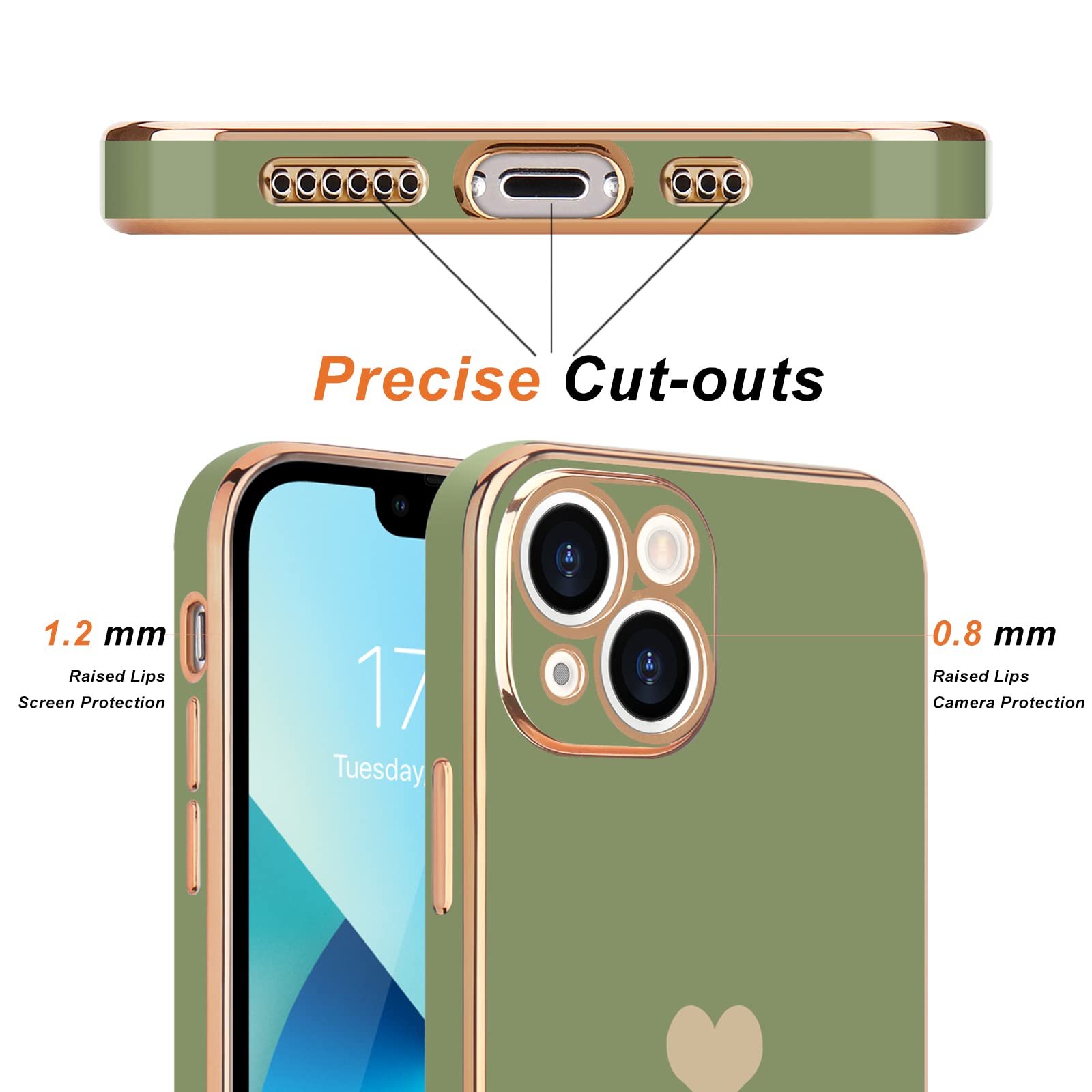 Teageo Iphone 13 Case For Women   Cute Love Heart Bling, Soft Silicone Bumper, Camera Protection, Light Green