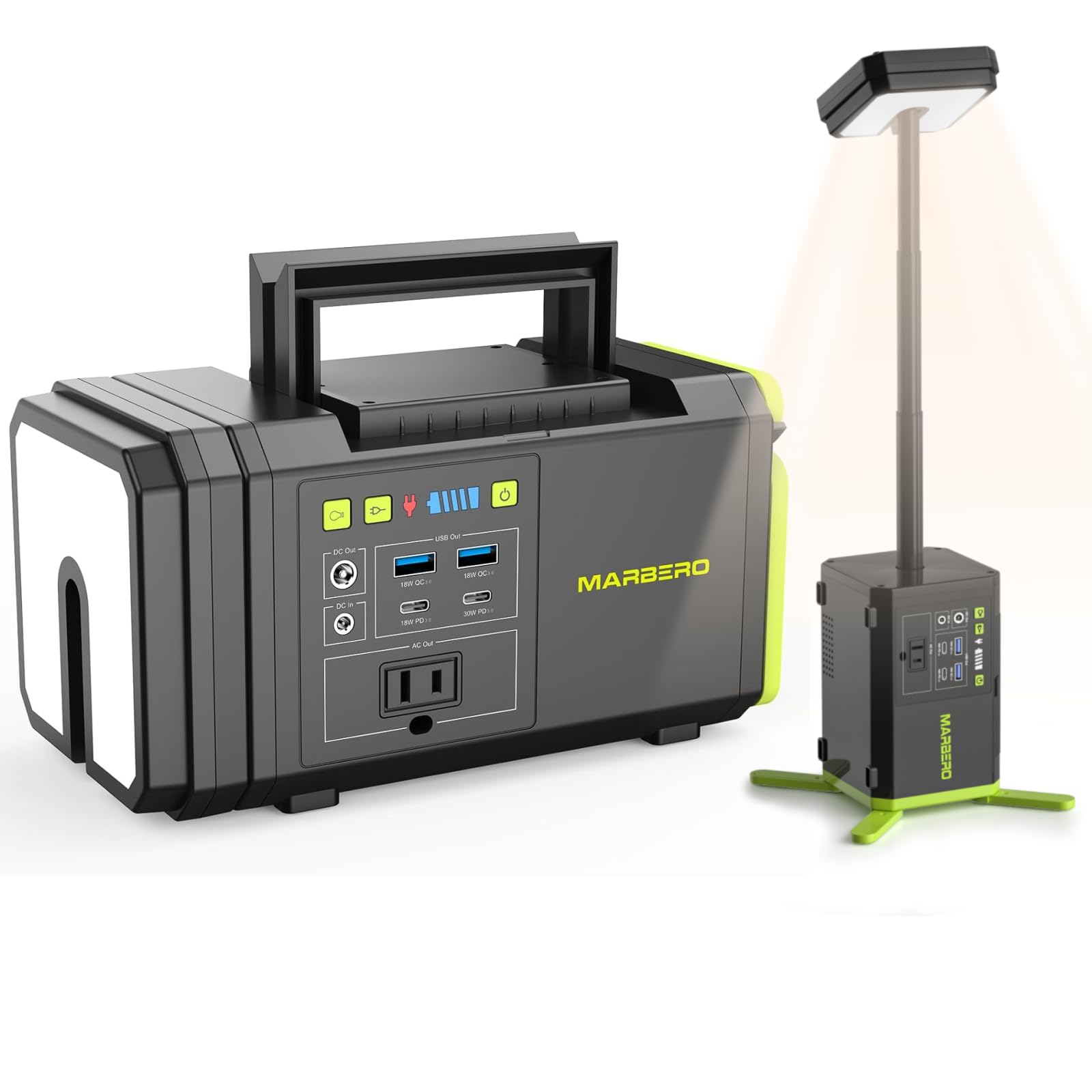 MARBERO 118Wh Portable Power Station with Telescopic Camping Lights for Camping Hiking 32000mAh 160W Max Power Bank with AC Outl