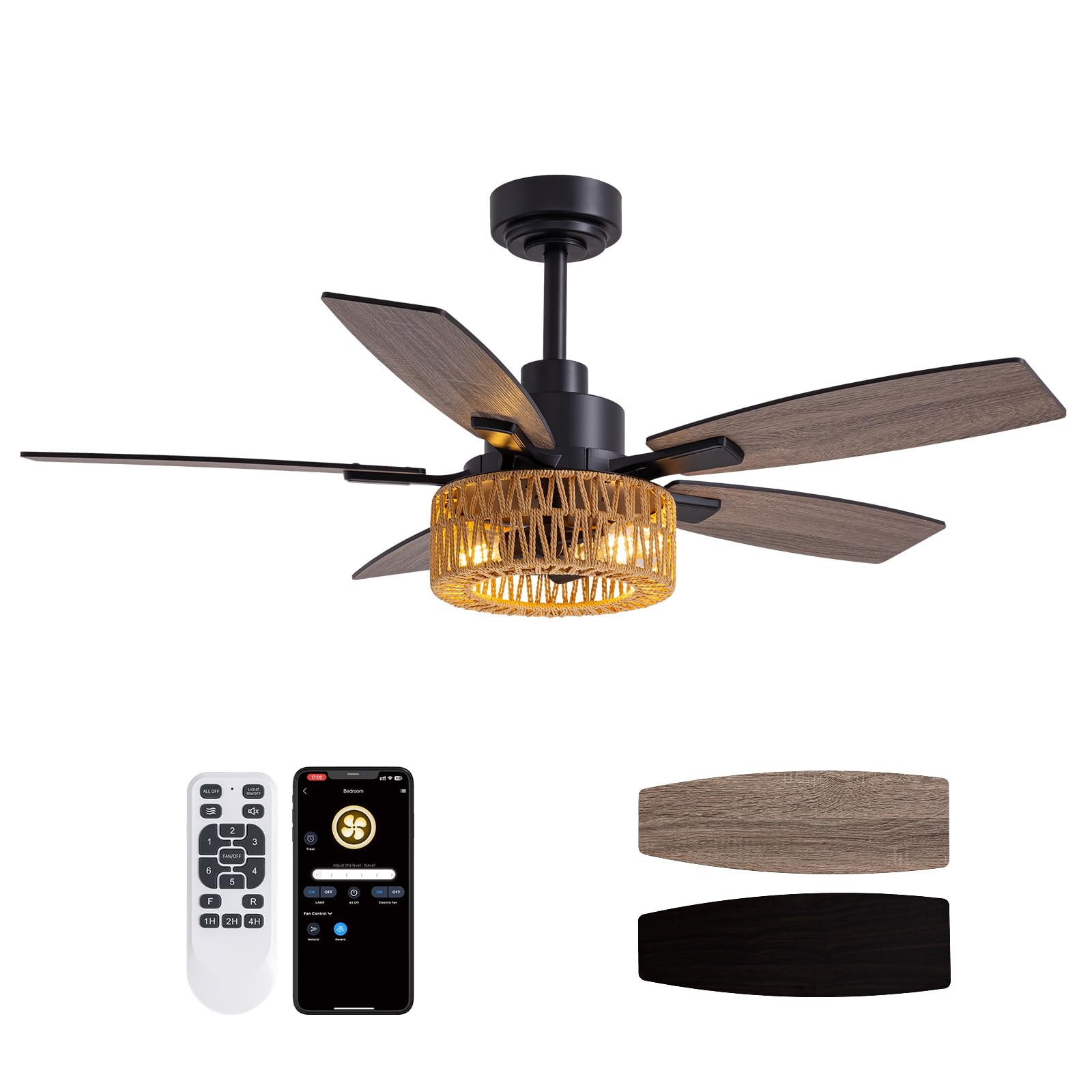 LuminFan 46 Inch Boho Black Rattan Ceiling Fans with Lights and Remote Control, Farmhouse Caged Rattan Ceiling Fan for Dining Ro