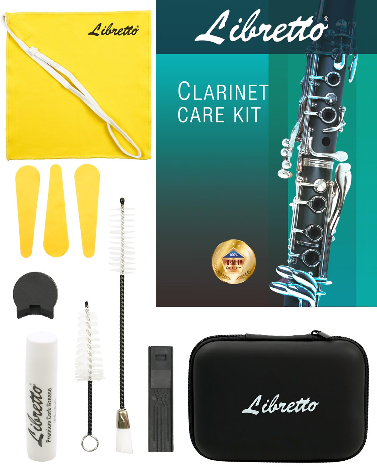 Libretto All-Inclusive Clarinet Care Kit with EVA Case - Cleaning Tools, Cork Grease, Thumb Rest, Cloth, Pad Dryers, and Brushes