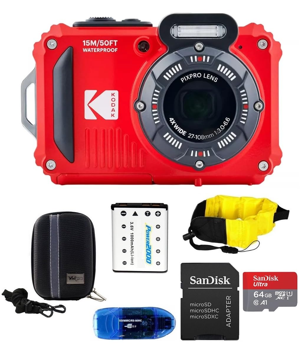Kodak Pixpro Wpz2 Waterproof Digital Camera Bundle, Includes: Sandisk 64Gb Microsd Memory Card, Spare Battery And More (6 Items)