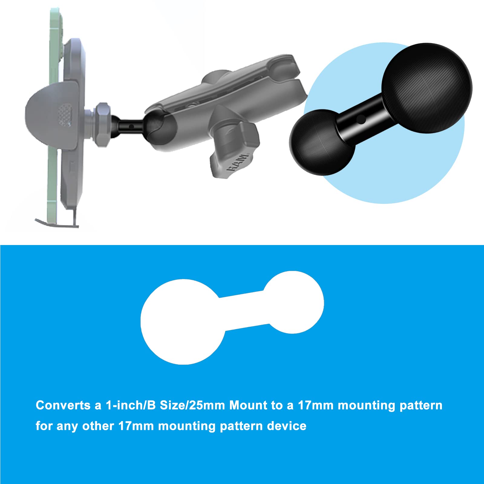 25Mm / 1 Inch To 17Mm Ball Adapter For Ram Mounts B Size Double Socket Arm, Garmin 17Mm Swivel Ball Mounting Pattern Gps Mount