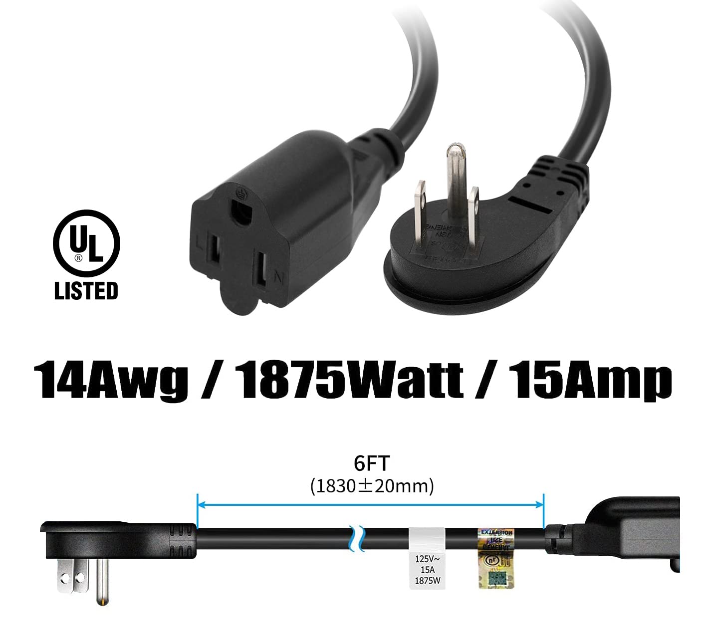 Firmerst 6 Feet 1875W 15A Low Profile Flat Plug Extension Cord 14 Awg Black