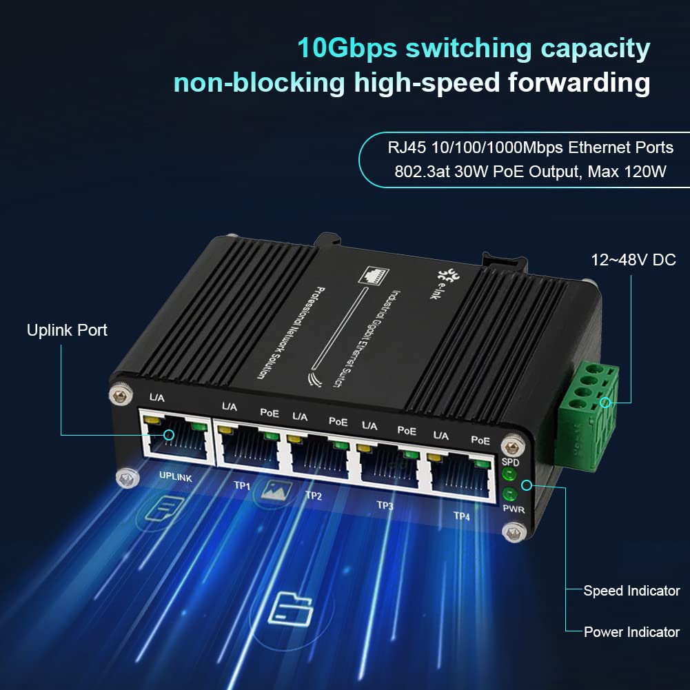 Centopto Mini Industrial 5 Ports Gigabit Poe Switch Hardened Rj45 10/100/1000Mbps 802.3At 30W/Port Ethernet Switch Din Rail Moun