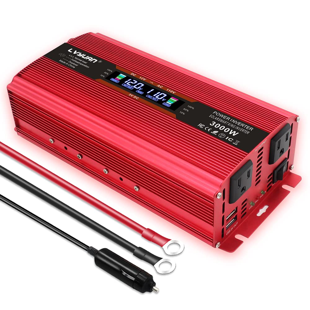 Lvyuan 1500W Power Inverter For Car Vehicles Inverter 12V To 110V Ac With Lcd Display, 2Ac Outlets, 3.1A Usb Charging Ports (Red