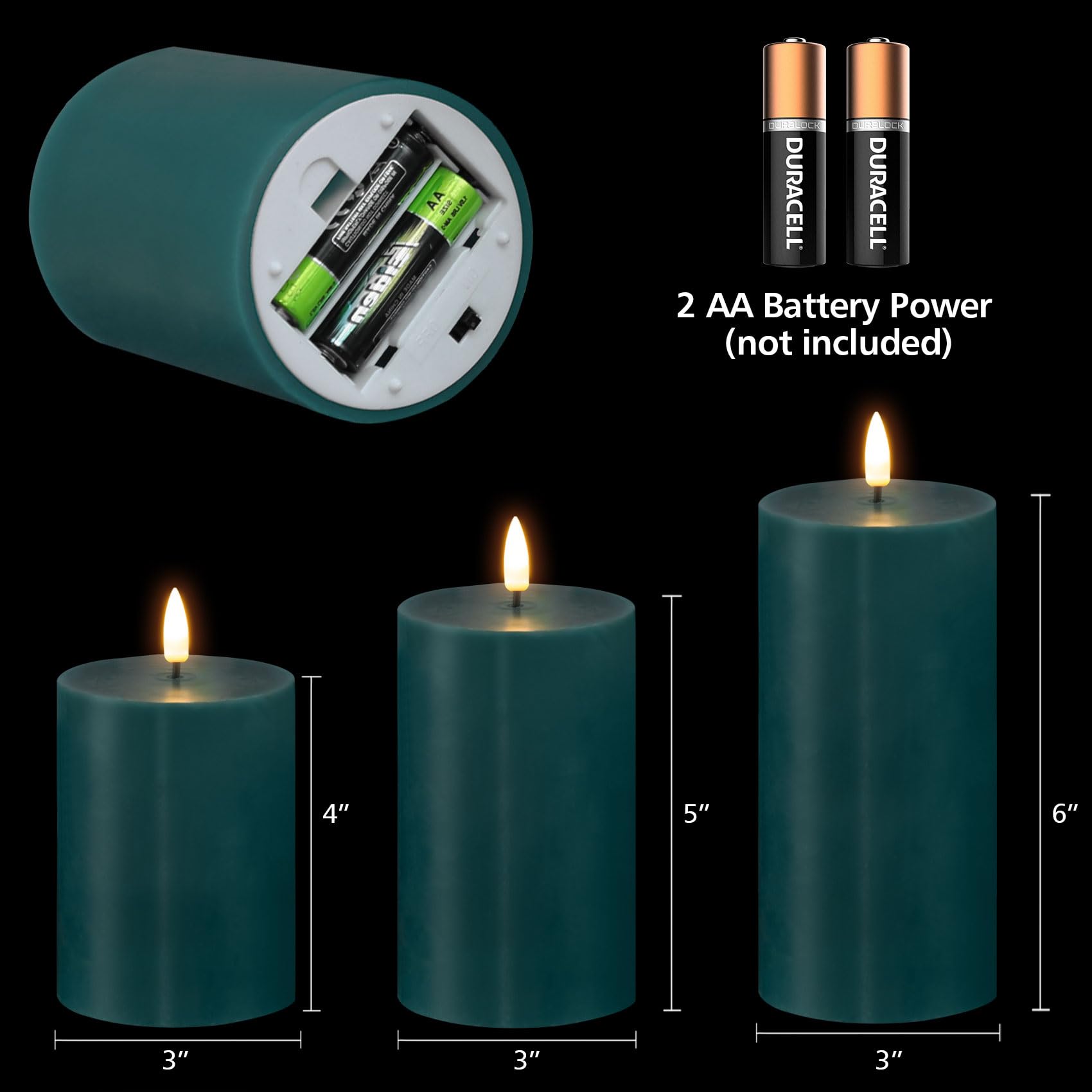 Girimax Dark Green Flameless Pillar Candles With Remote, Real Wax Flickering Battery Operated Led Candles F 3'' H 4'' 5'' 6''