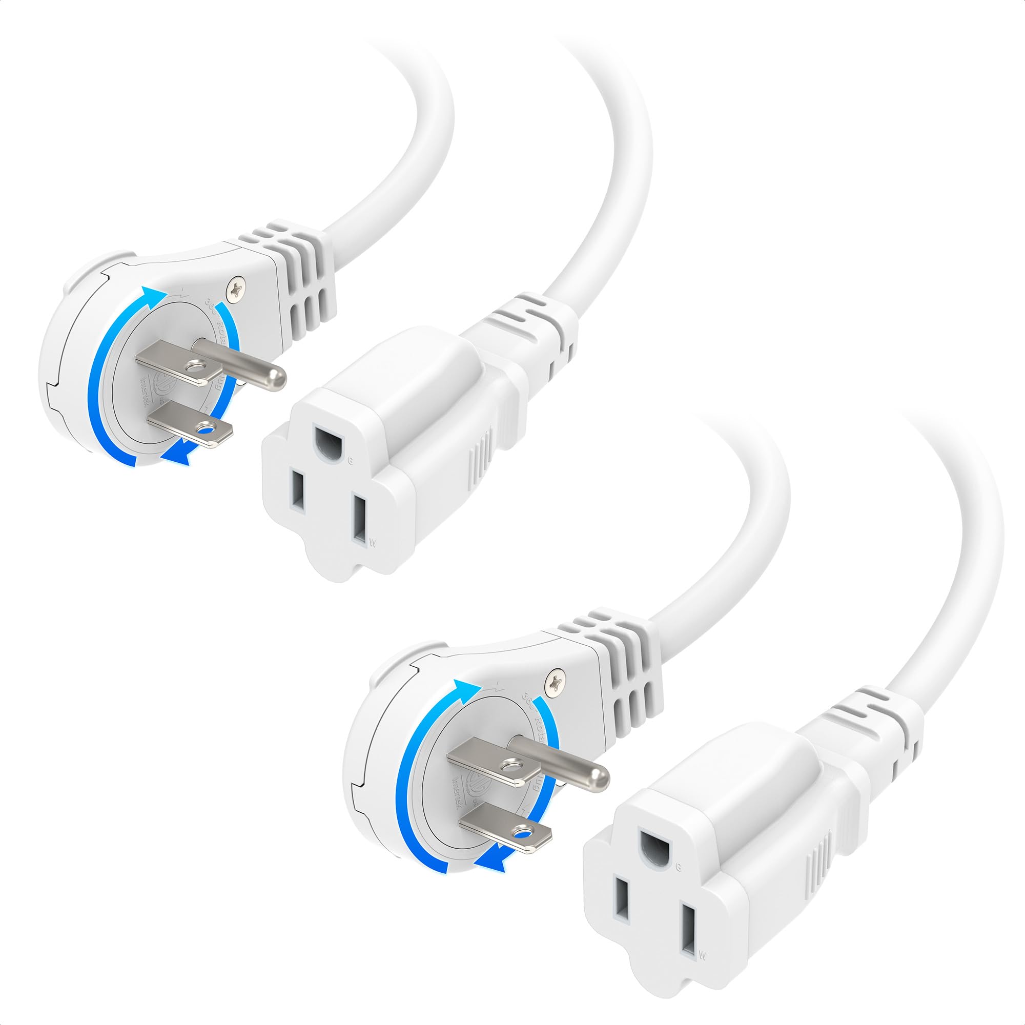 [Etl Listed] Cable Matters 2 Pack 16 Awg 360 Rotating Flat Plug Extension Cord   10Ft, Low Profile 3 Prong Power Extension Cords