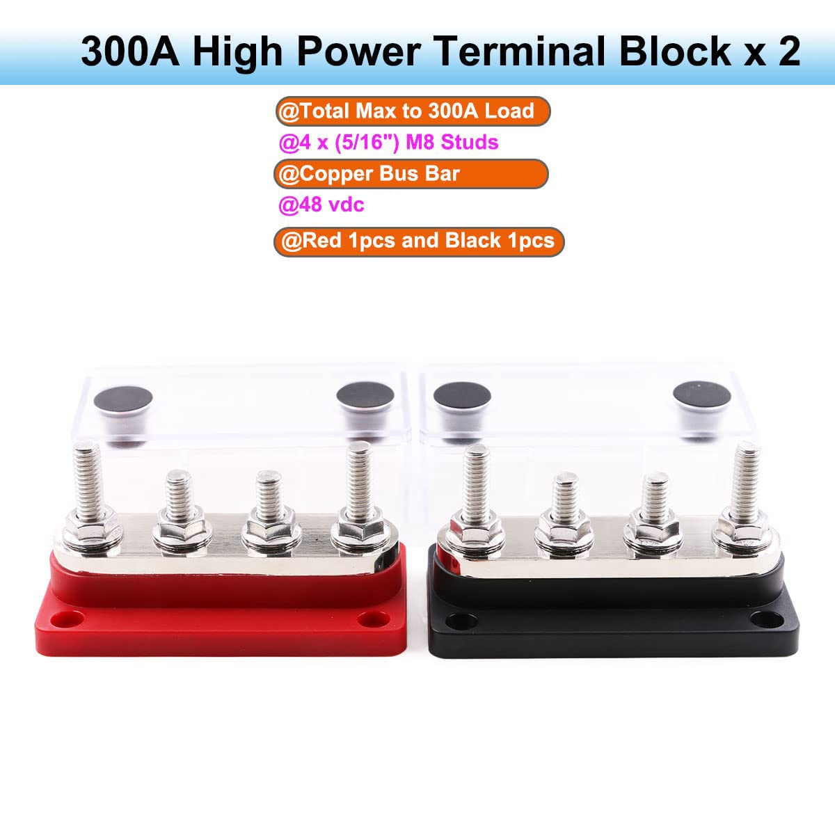 Gloaso Marine Copper Bus Bar 12V-48V DC 300A Heavy Duty 4x 5/16" Posts Nickel-plated Copper Black & Red