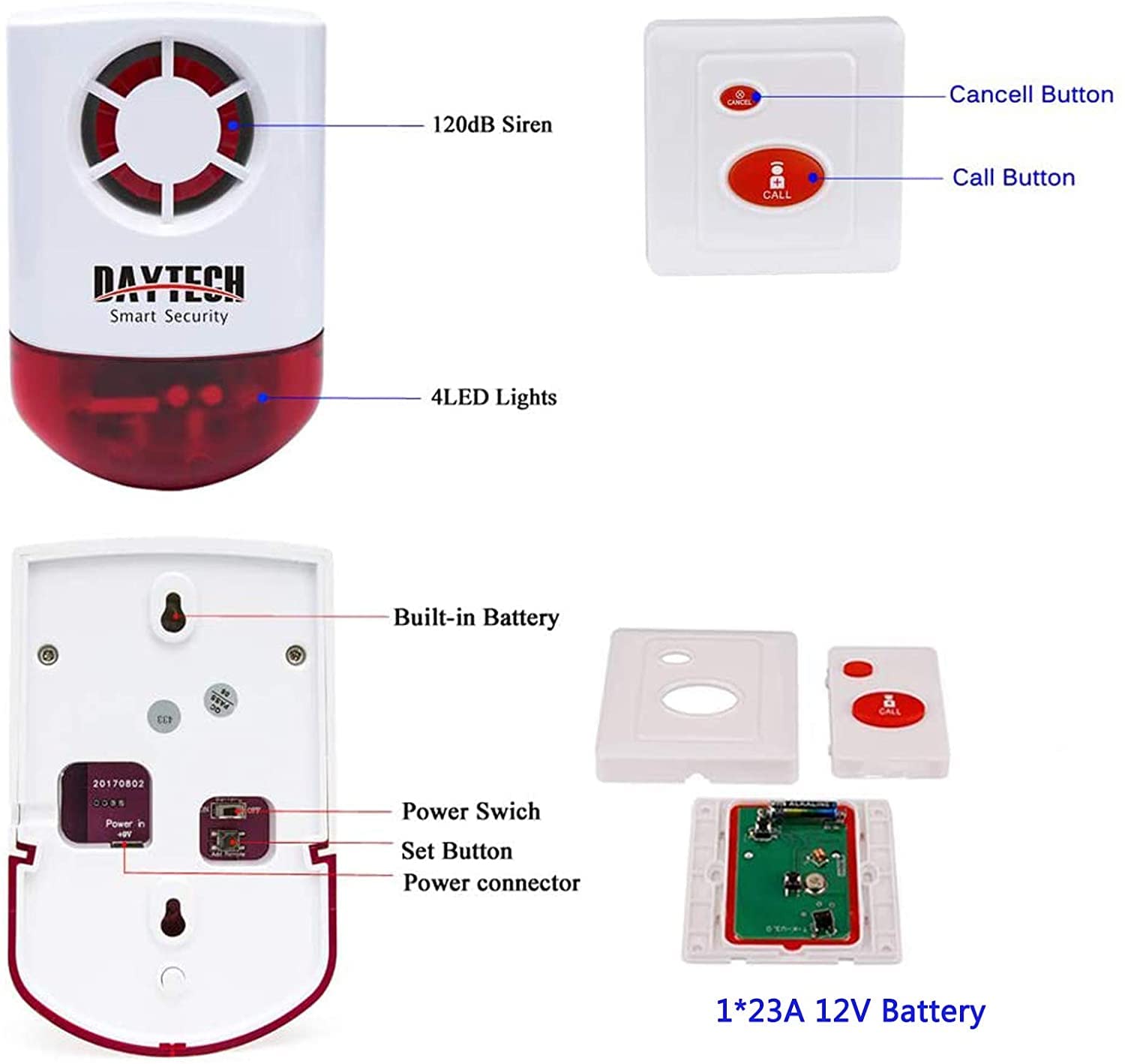 Daytech Strobe Siren Panic Alarm Button Siren Alarm With Light For Home Caring Loud Outdoor Sos Alert System 2 Red Flashing Siren And 4 Emergency Button For Store Hotel Jewelry Shop Security