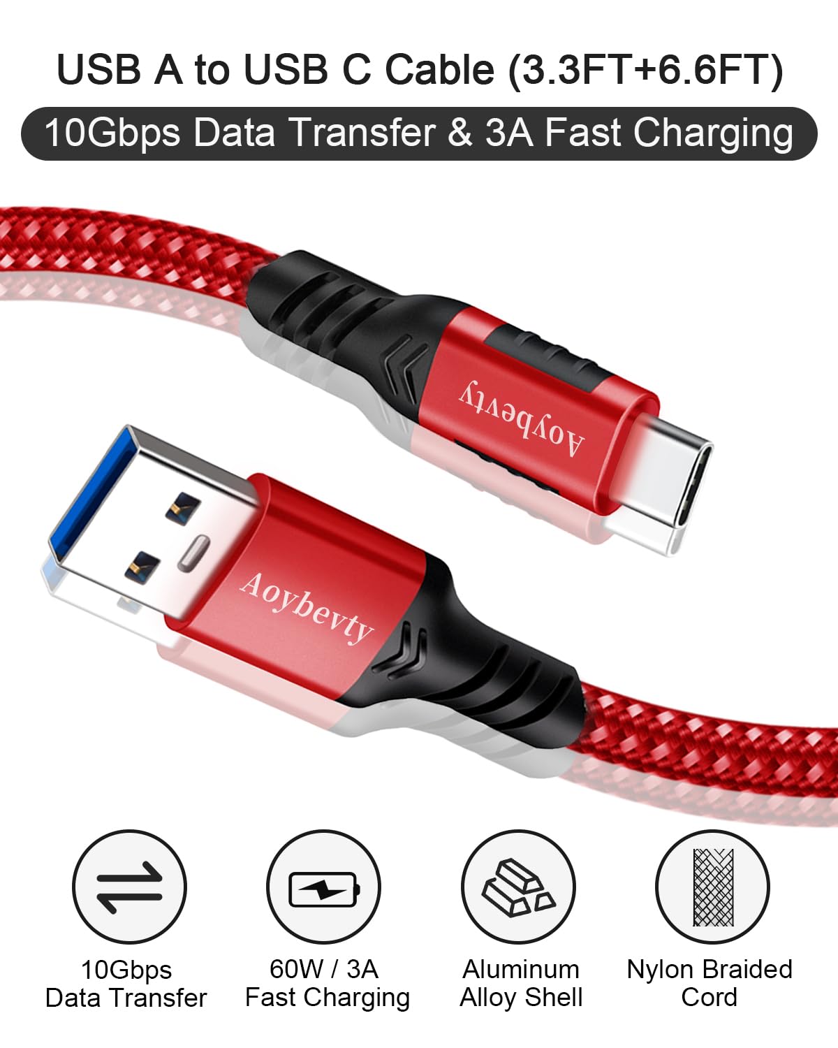Aoybevty Usb A To Usb C Cable 3.3Ft+6.6Ft (Red), 10Gbps Data Transfer And 60W 3A Fast Charging Cable, Usb C 3.1/3.2 Cable For Sa
