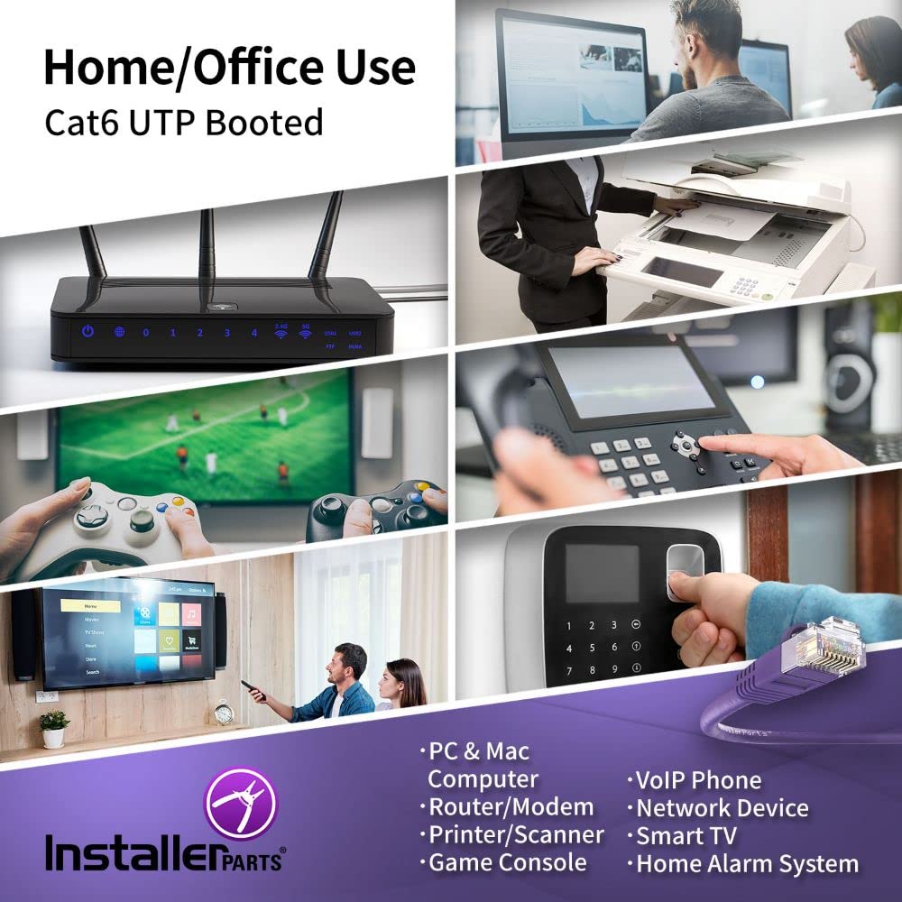 Installerparts Cat6 Cable Utp Booted [Purple]   [1 Ft]   [5 Pack]   Professional Series   10Gbps, Cat6 Patch Cable, Cat 6 Patch