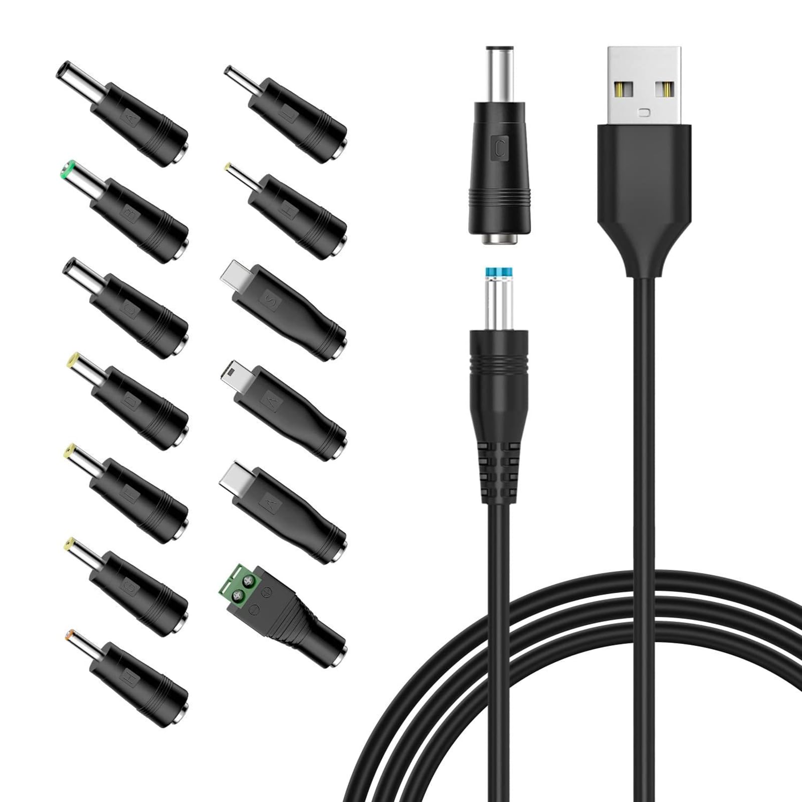 GILLOTO 5V USB to DC Power Cable, Universal DC 5.5x2.1mm Plug Jack Charging Cable with 13 Connector Tips, Compatible with 5V Dev