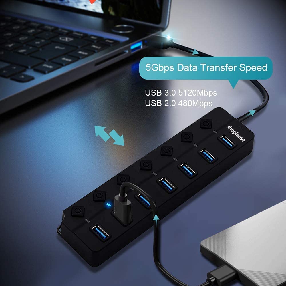 7 Port Usb 3.0 Hub With Individual Power Switches And Led Lights, High Speed Data Hub Splitter Portable Usb Extension Hub For Pc Laptop And More (No Power Adapter)
