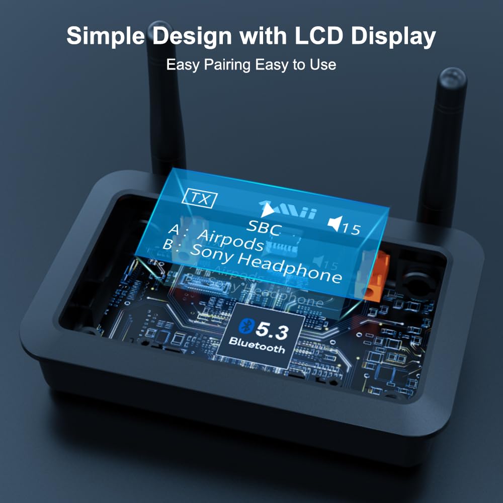 1Mii B03+ Bluetooth Transmitter Receiver For Tv Home Stereo, Long Range Bluetooth 5.3 Adapter For Tv Audio With Screen, Aptx Low