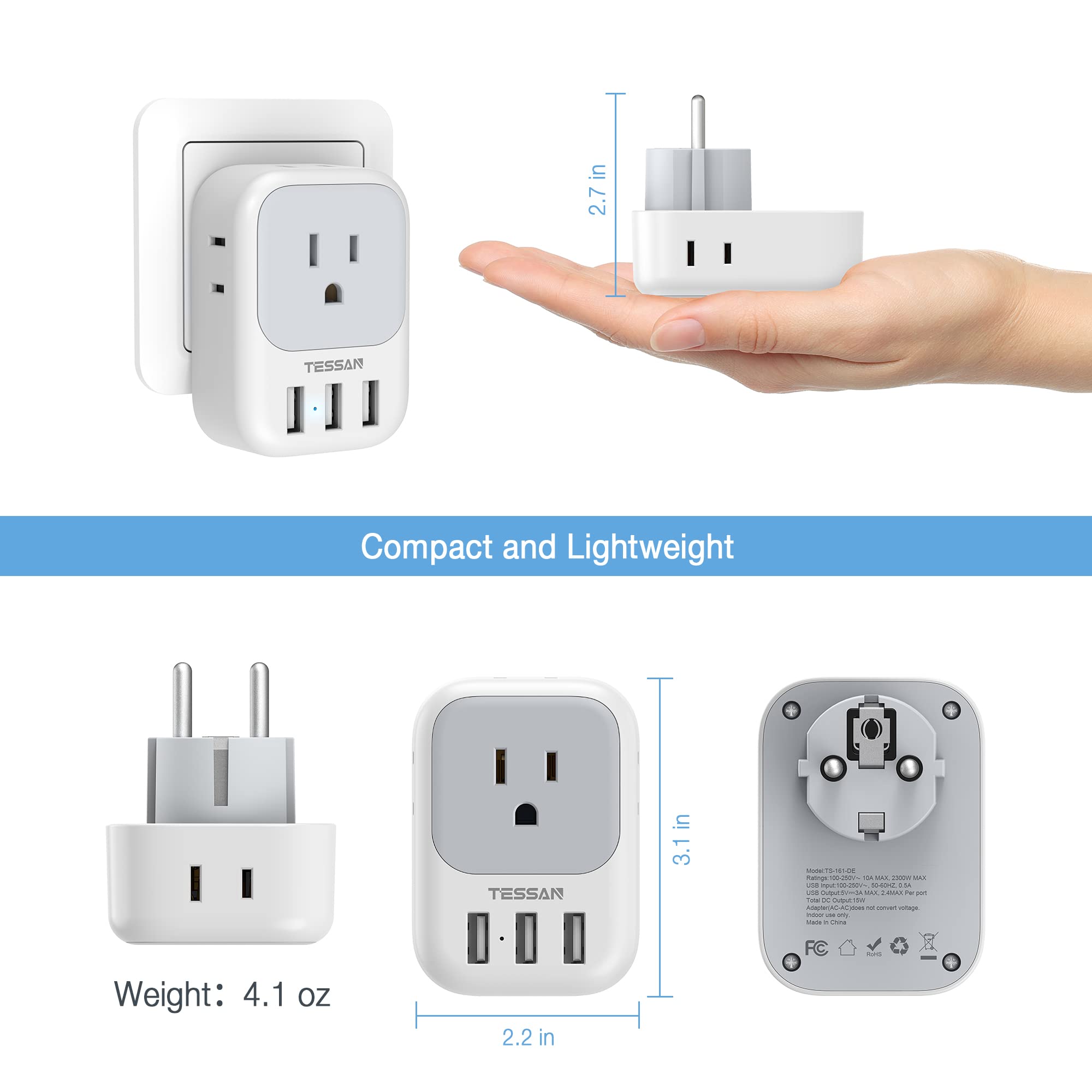 Tessan Type E F Plug Adapter 2 Pack, Germany France Power Adapter, Schuko Outlet Converter With 4 Ac Outlets 3 Usb Ports, Travel