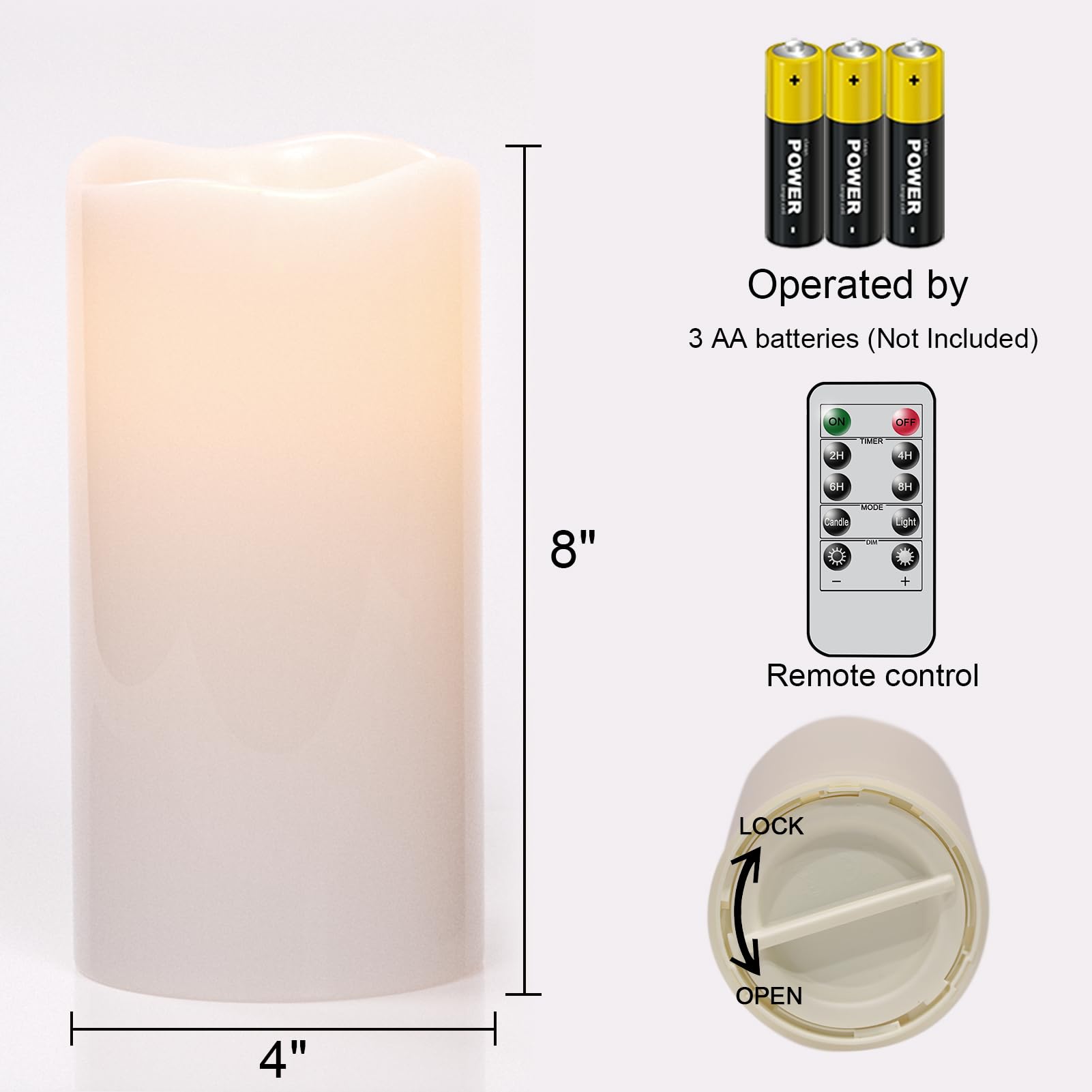 Eldnacele Waterproof Outdoor Flameless Candles With Remote And Timer, Battery Operated White Plastic Led Flickering Large Pillar