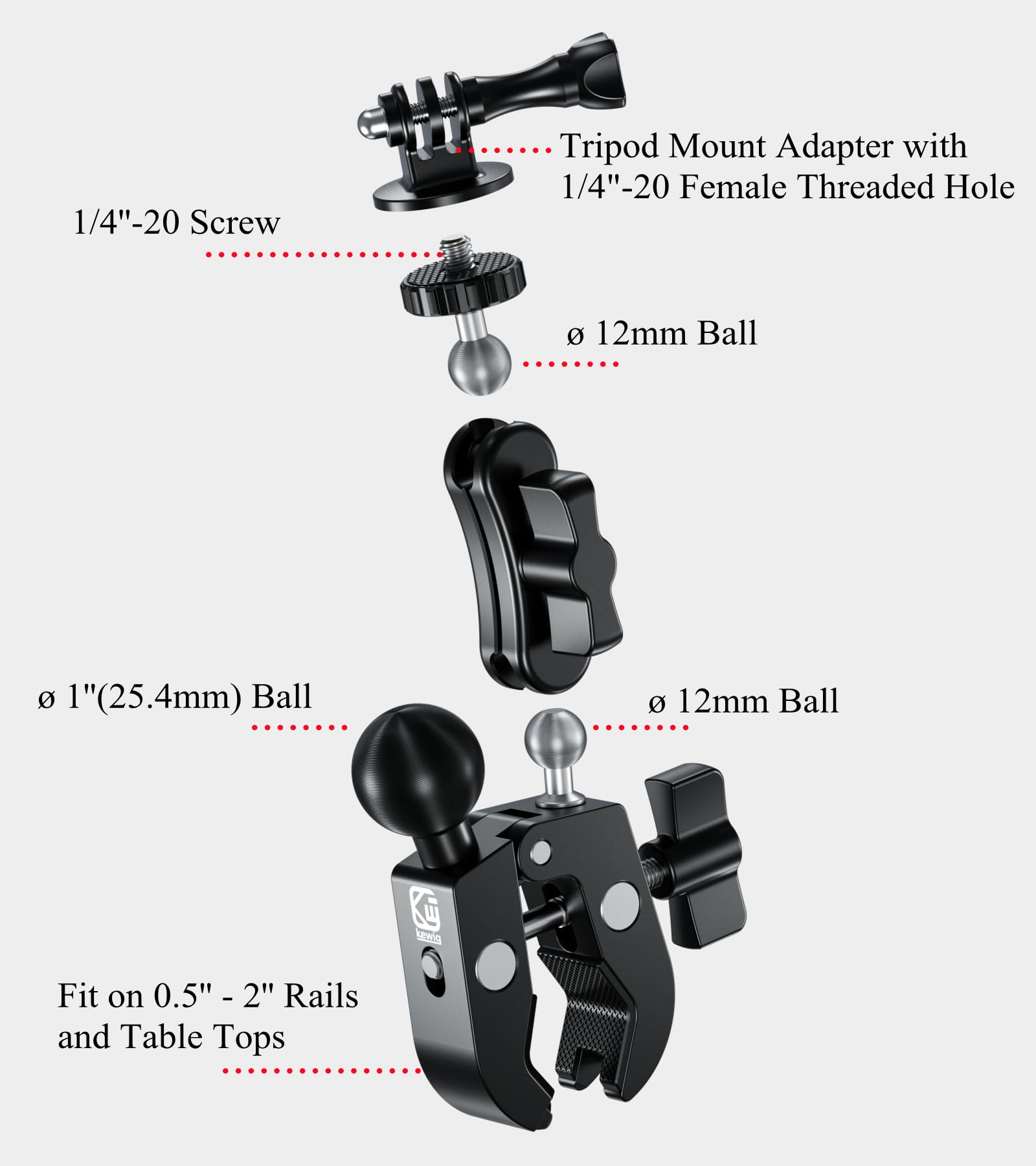 Brcovan Aluminum Alloy Clamp Mount For 0.5'' 2'' Rails, 12Mm Ball, Tripod Mount Adapter, Compatible With Cameras And Camcorders