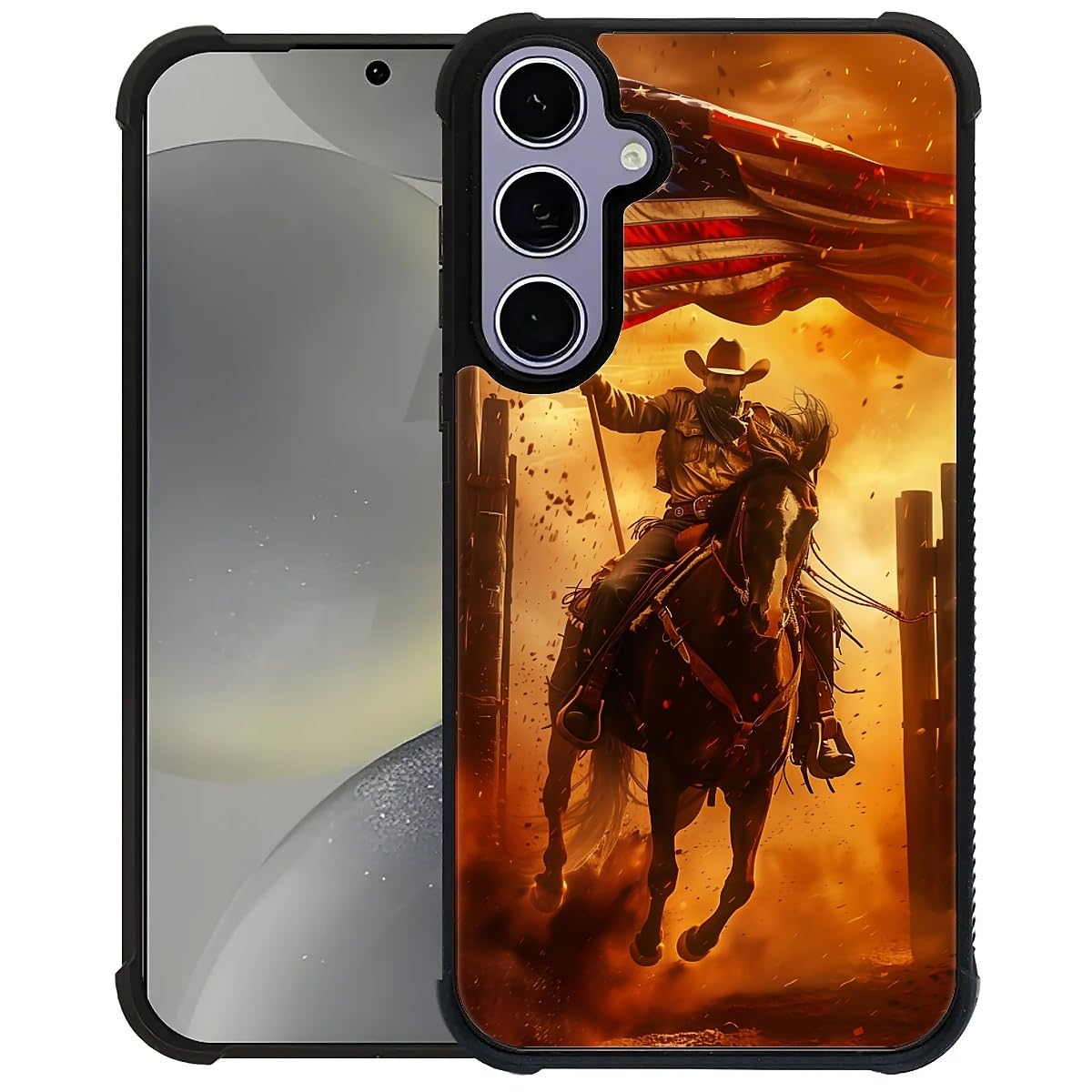 Carloca Compatible With Samsung Galaxy S24 Case, Horse American Flag Cowboy Pattern For Girl Ultra Protection Shockproof Soft Si