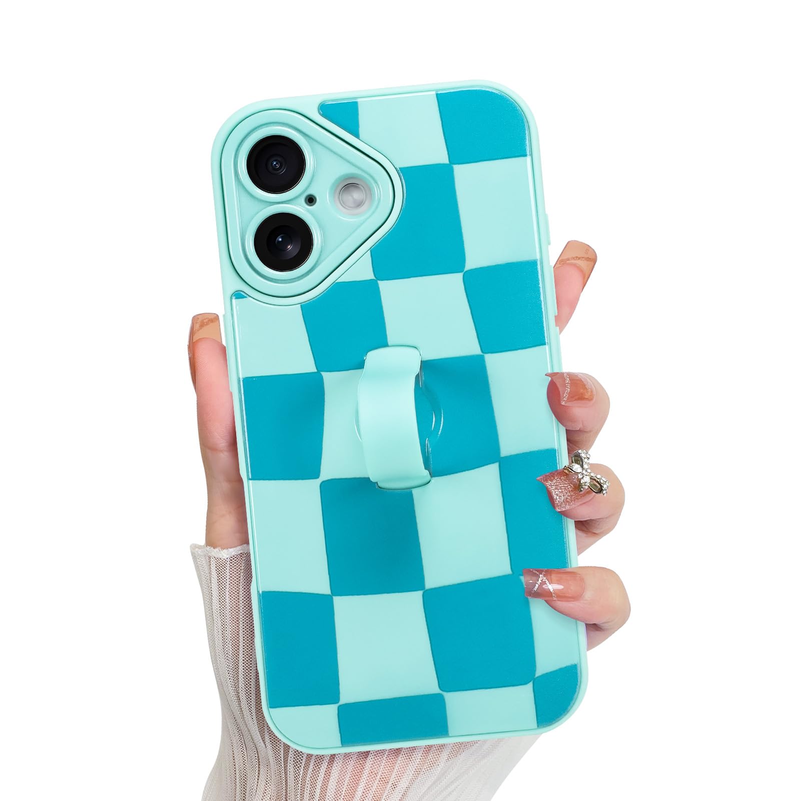 KANGHAR Compatible with iPhone 16 Case, Silicone Checkered Cute Pattern, Wristband Kickstand Camera Protection Soft Slim Cover f