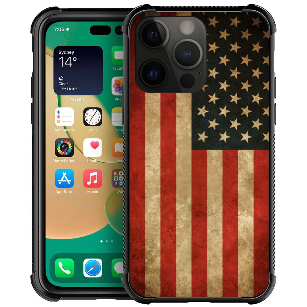 Compatible With Iphone 14 Pro Case, Vintage Grunge American Flag Iphone 14 Pro Cases, Tempered Glass Back+Soft Silicone Tpu Shoc