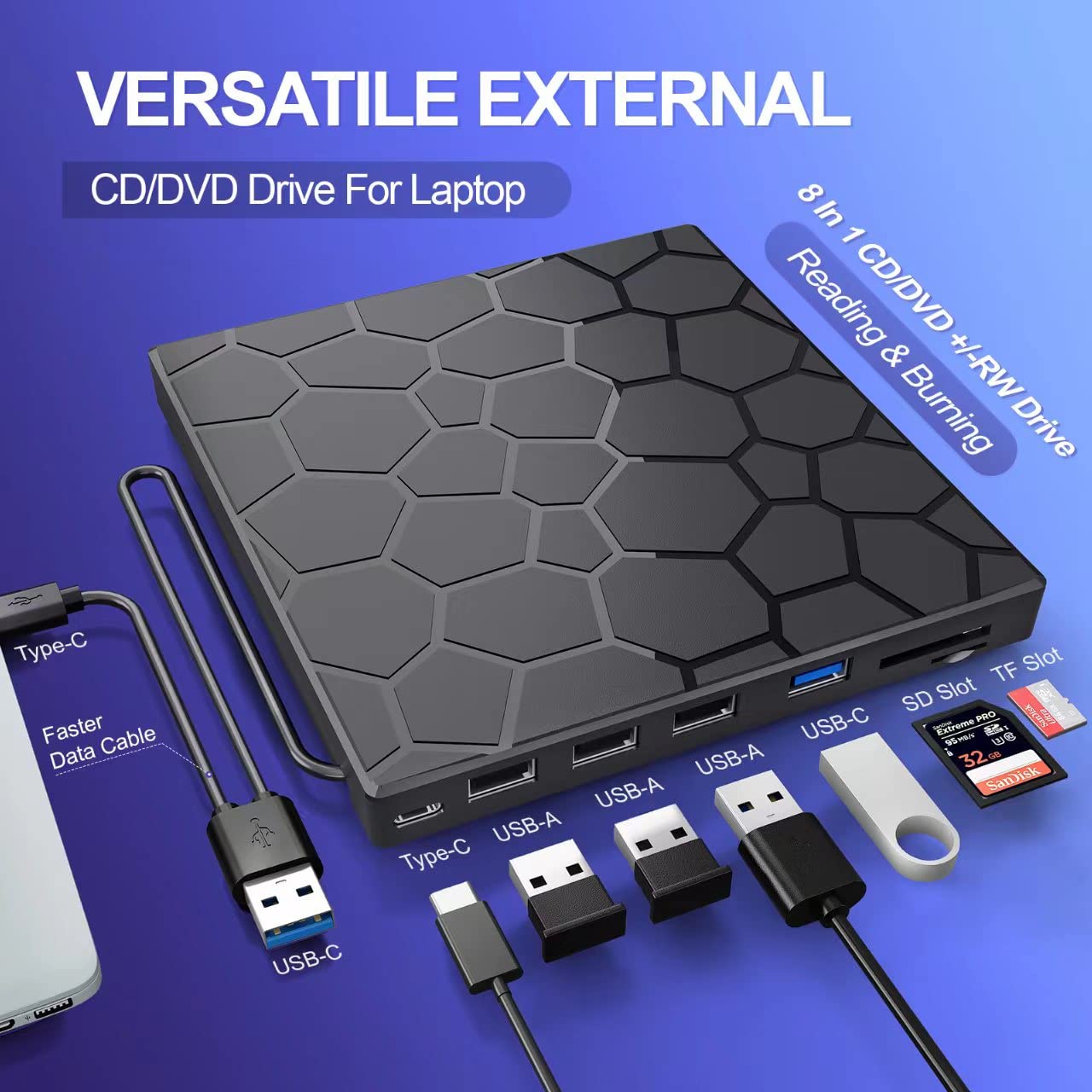External Cd/Dvd Drive For Laptop, Dvd Player For Laptop, 8 In 1 Usb 3.0 Ultra Slim Portable, Cd Burner External Disk Drive Optic