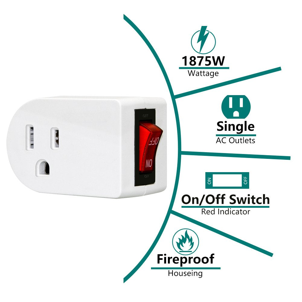 Anko Grounded Outlet Adapter, Etl Listed Wall Tap Adapter With Red Indicator On/Off Power Switch (4 Pack)