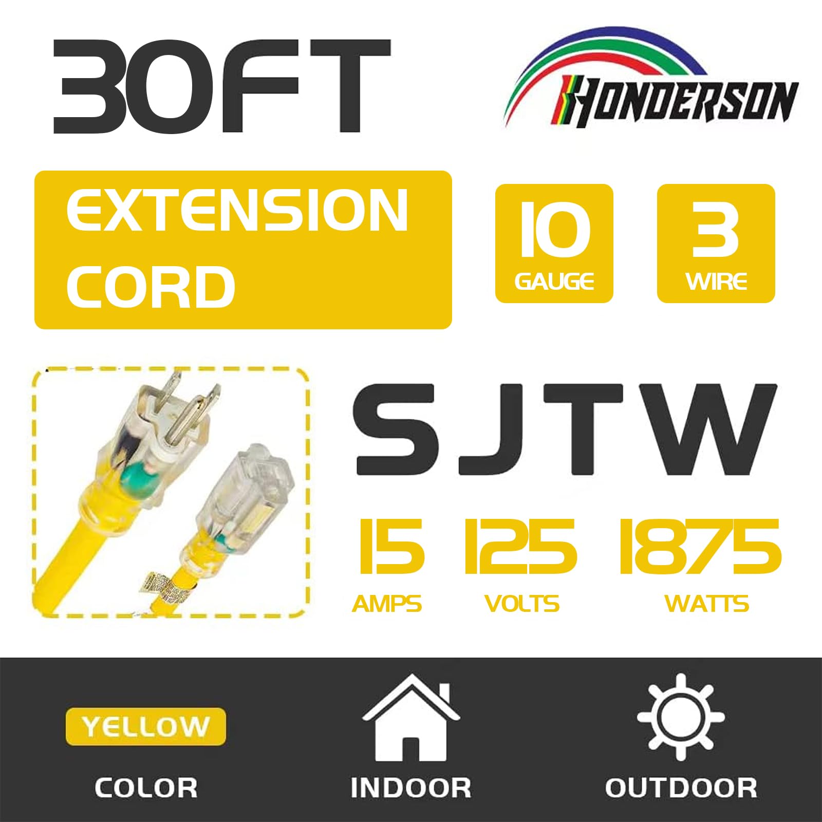 Honderson Indoor Outdoor Extension Cord Weatherproof With Lighted End, Ul Listed, 10 Gauge 30Ft Yellow 3 Prong Heavy Duty Extens