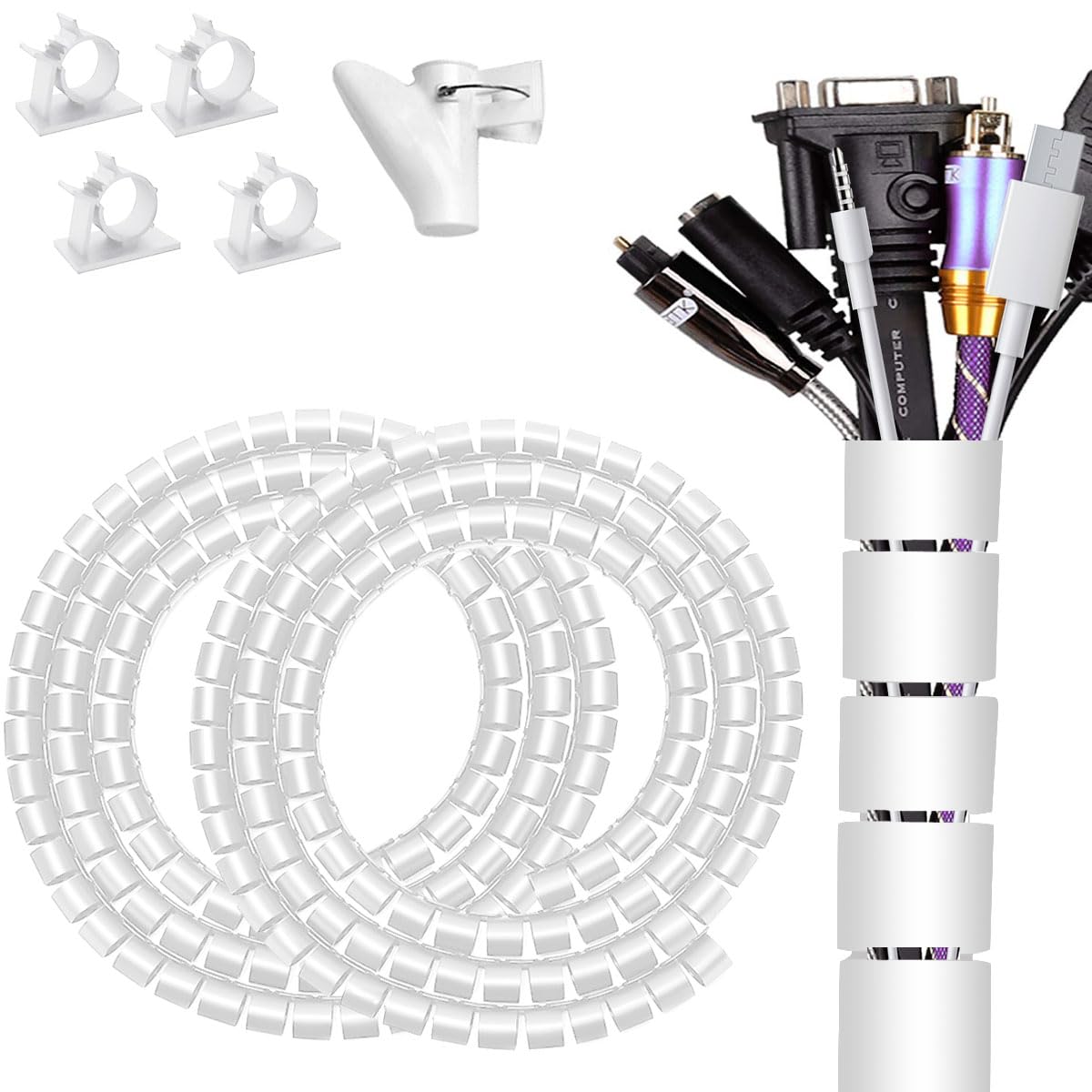 Fanoshon Large Cable Management White Computer Wire Sleeve Organizer Coiled Under Desk Tubes 2 Pcs, 1.1 Inch  5 Ft Ez Spiral Cab