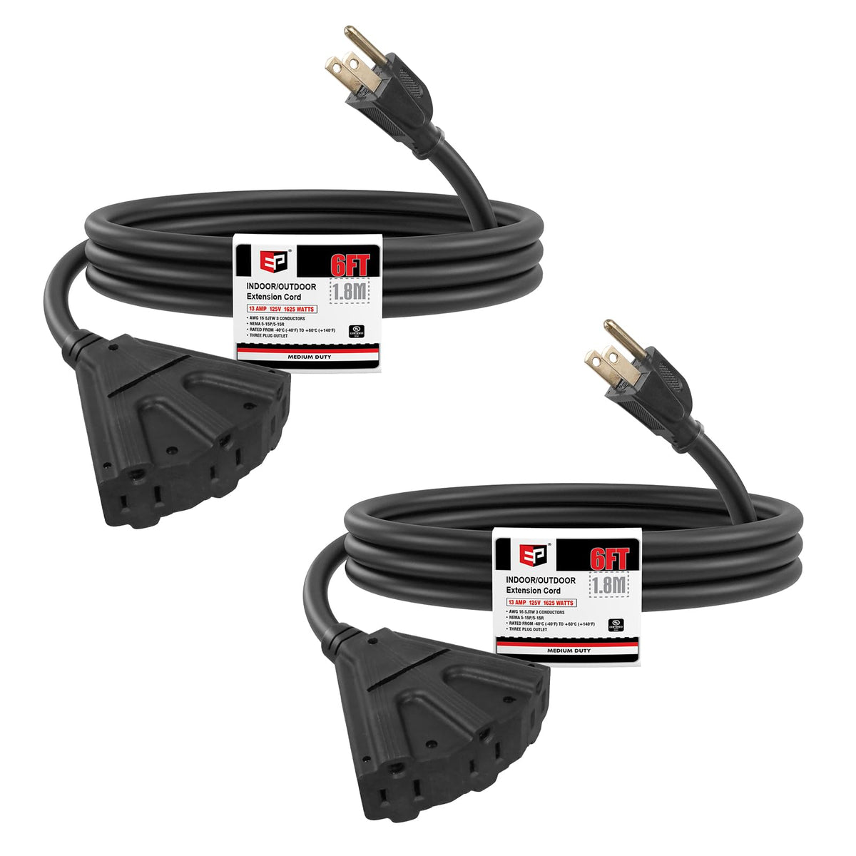Ep 2 Pack 6 Ft Outdoor Extension Cord With 3 Electrical Power Outlets   16/3 Sjtw Grey Cable With 3 Prong Grounded Plug For Safe
