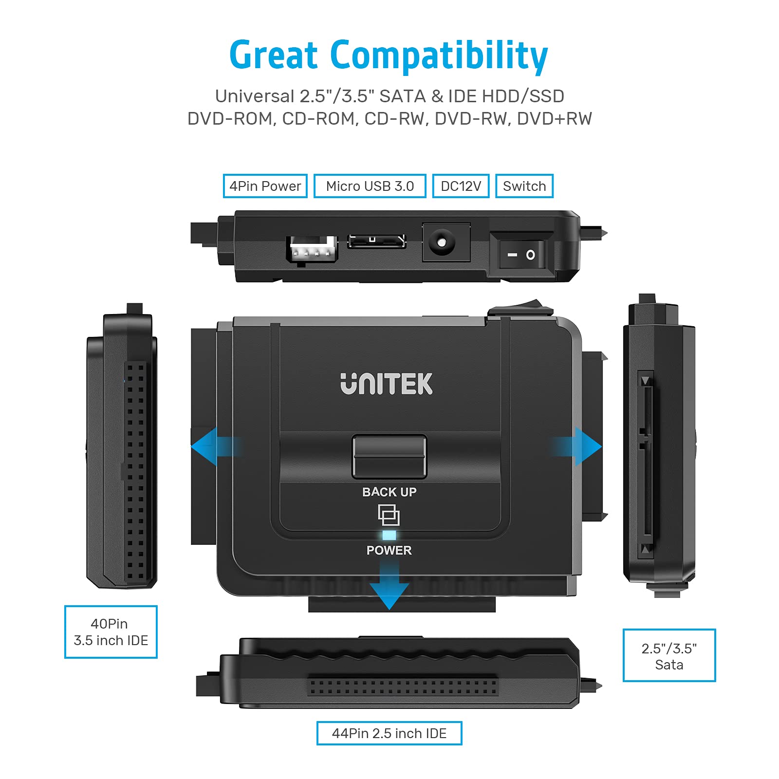 Unitek Usb 3.0 To Ide And Sata Converter External Hard Drive Adapter Kit For Universal 2.5/3.5 Hdd/Ssd Hard Drive Disk, One Touc