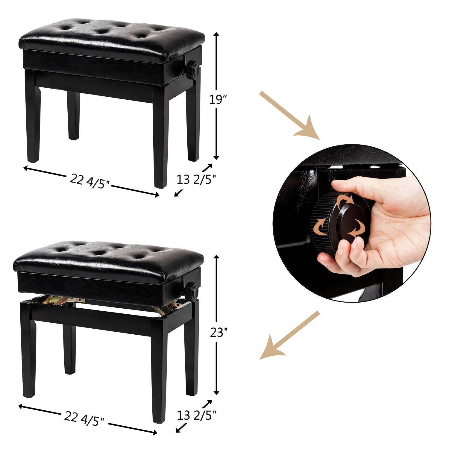 Bonnlo Adjustable Black Piano Bench With Storage Faux Leather Wooden Piano Stool With Padded Cushion