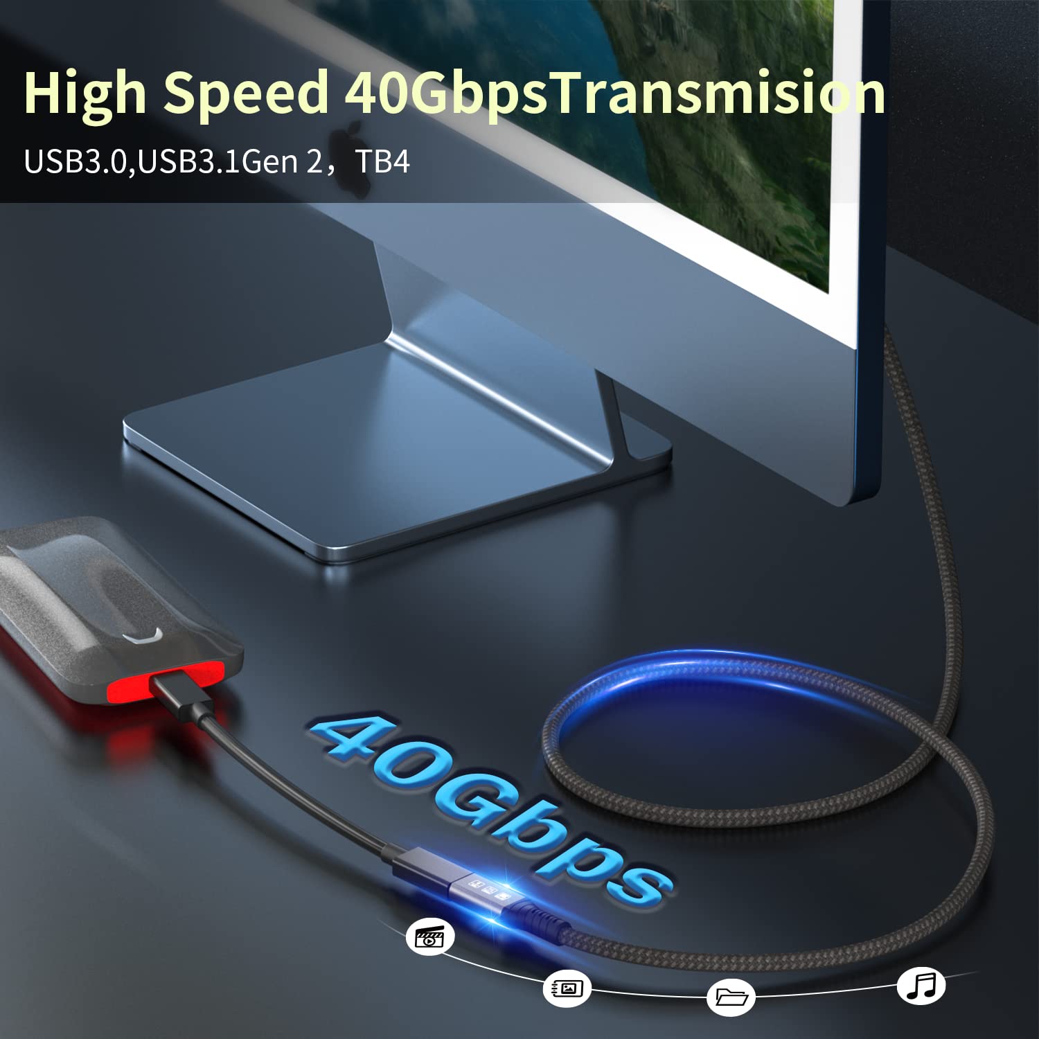 Angusplay Usb C For Thunderbolt 4 Extension Cable, 40Gbps Transfer / 8K Display / 100W Charging Compatible With Thunderbolt 4/3,