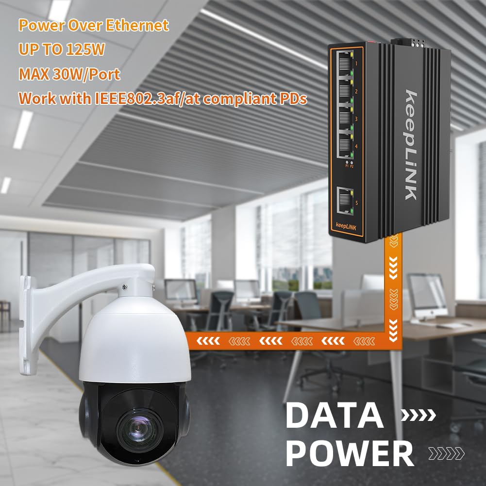 Keeplink 5 Port Industrial Poe Switch Unmanaged, 125W Fast Ethernet Din Rail Switch, Ip40, Operating Temperature Range Of  30