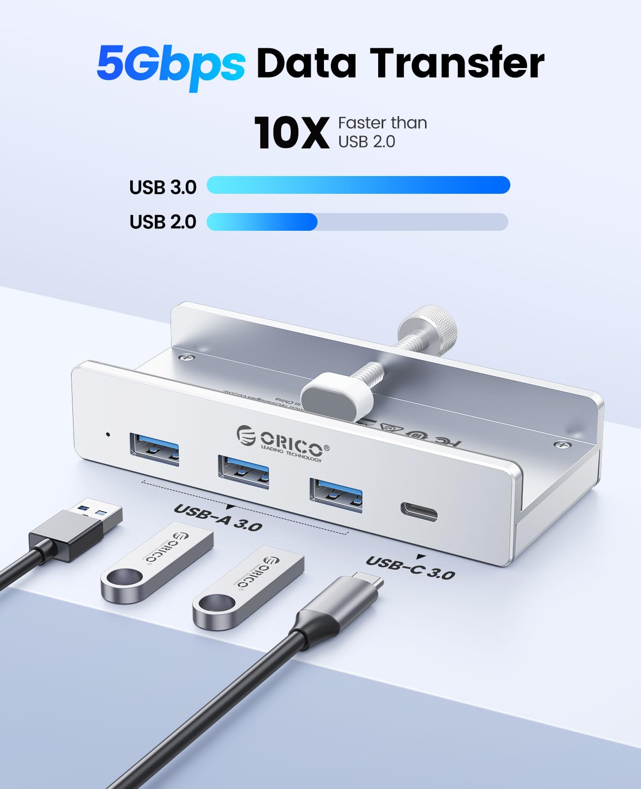 ORICO USB Hub 3.0, Clamp USB Hub with Extra Power Port, Aluminum 4 Port USB Adapter with 3 USB A Data Ports, USB C Port for Monitors, Desks(Silver)