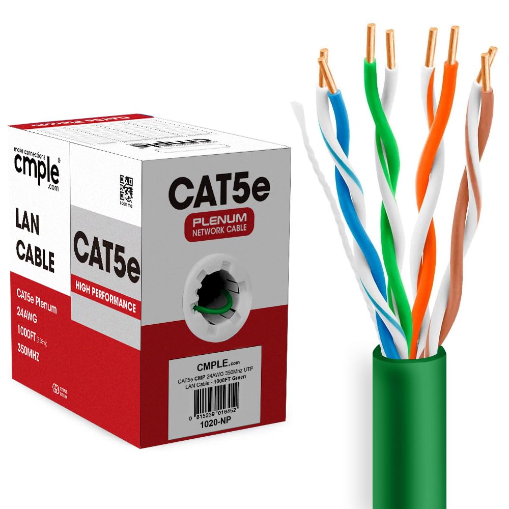 Cmple   Cat5E Ethernet Cable 1000Ft Gigabit Network Cat 5E Bulk Unshielded Twisted Pair (Utp), Solid 24Awg Cmr 350 Mhz Green