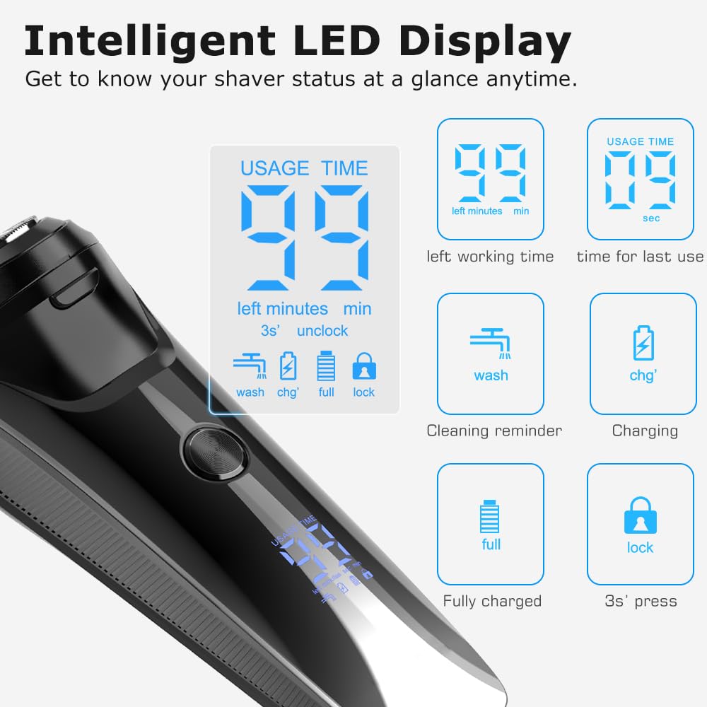 Electric Razor For Men Mens Electric Shaver Usb C Rechargeable Waterproof Wet Dry Shaver With Pop Up Trimmer, Portable With Lcd