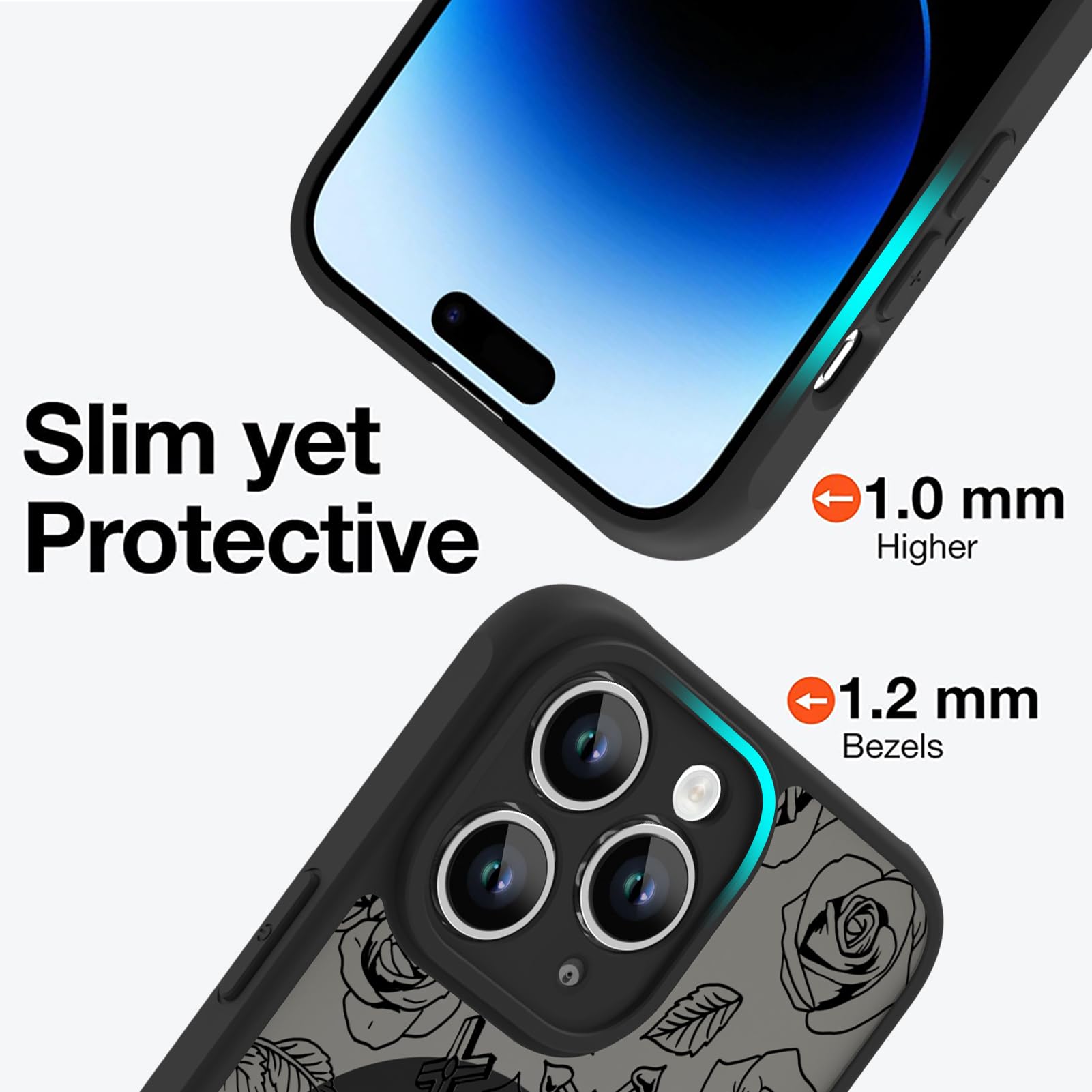 Ook Magnetic For Iphone 14 Pro Case Black Flower Skull Pattern [Compatible With Magsafe] Slim Translucent Matte Camera Lens Prot