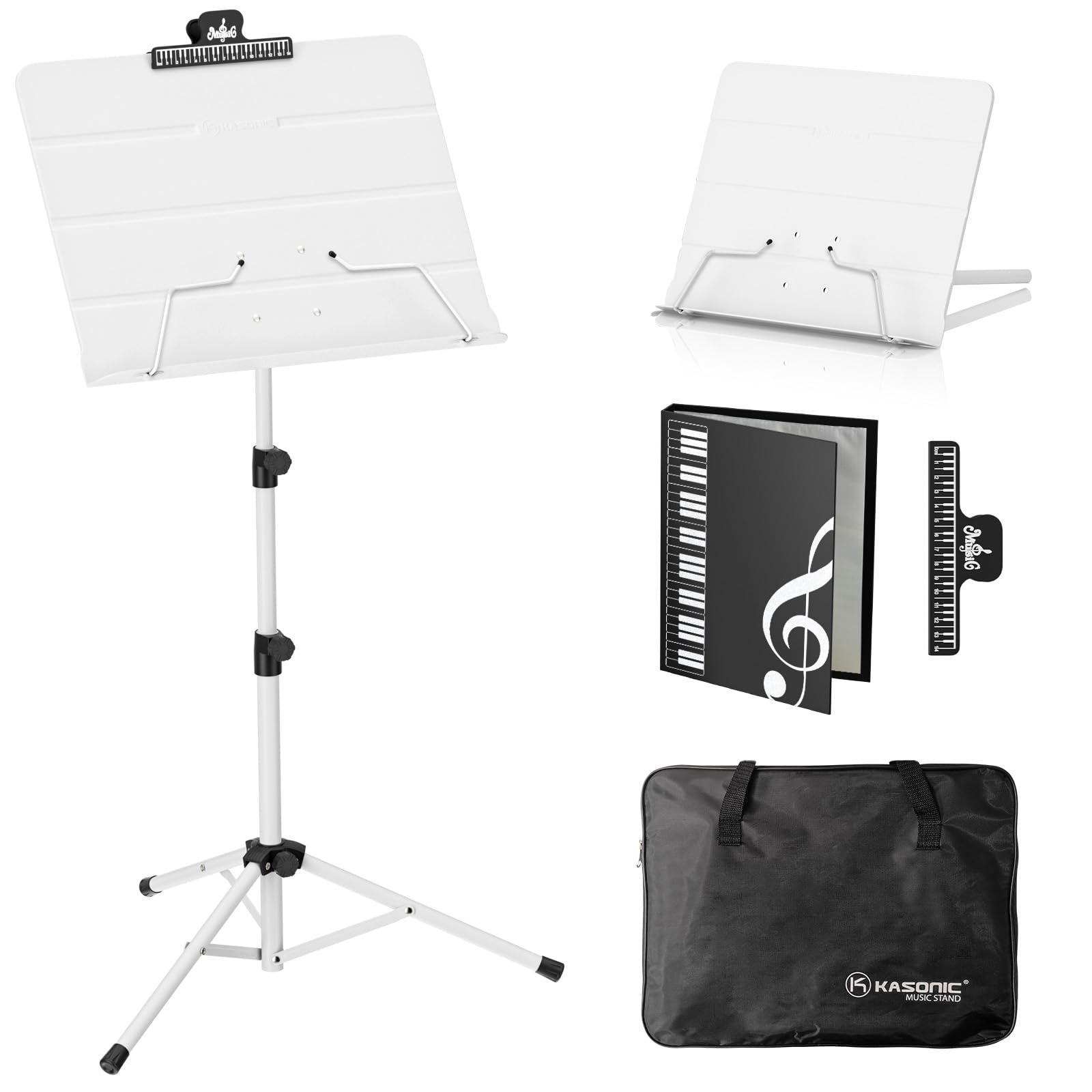 K Kasonic   Dual Use Folding Sheet Music Stand & Desktop Book Stand With Portable Carrying Bag, Sheet Music Folder & Clip Holder